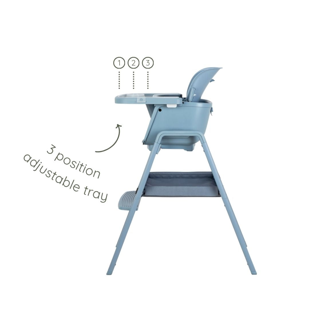 Cutout view of the Nova Maison 7 in 1 highchair in coast, showing the three-position adjustable tray for comfort and easy access.