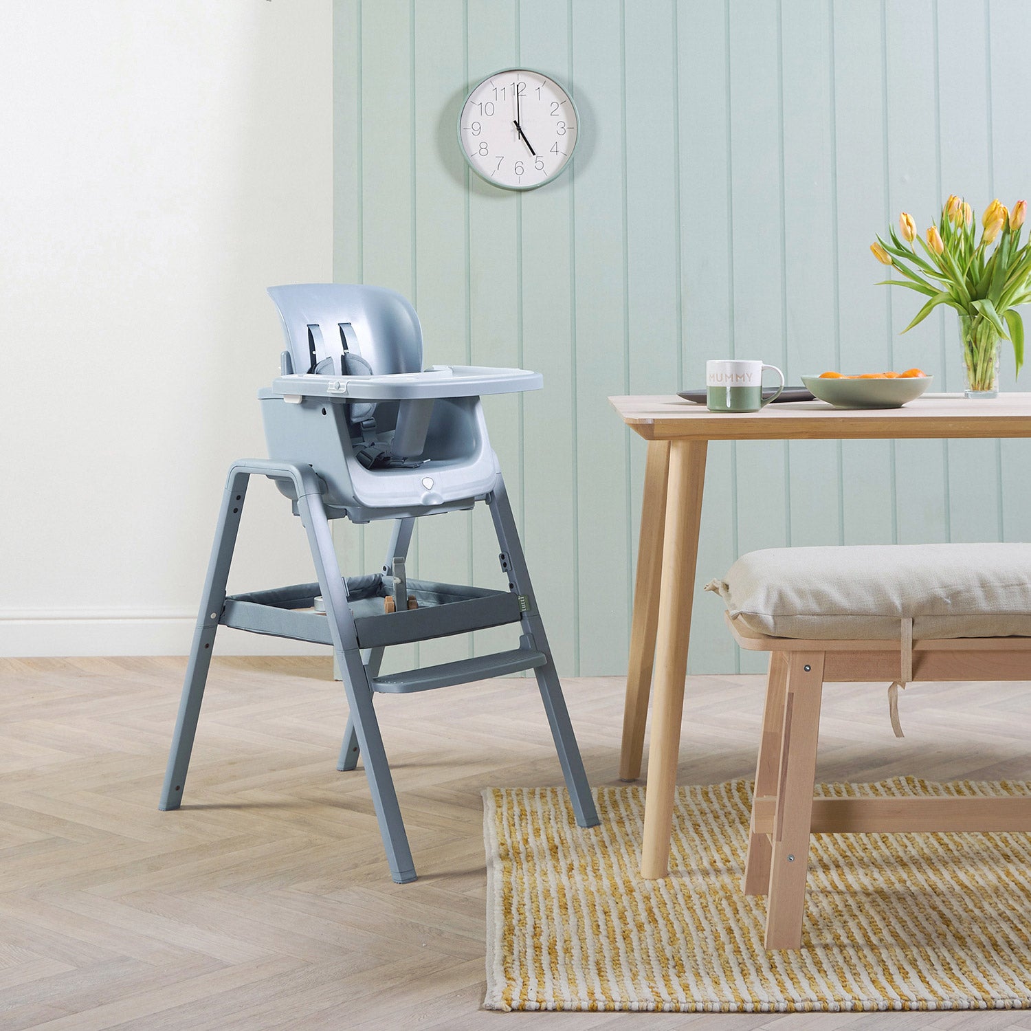 nova maison coast shown in a brightly light kitchen showing removable tray, safety harness and storage tray.