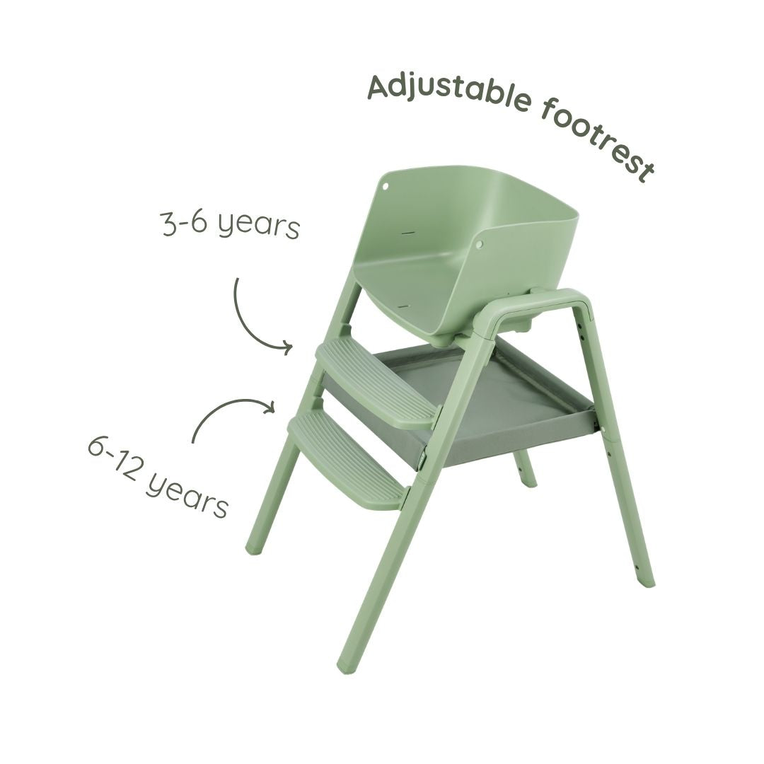 Cutout view of the Nova Maison 7 in 1 highchair in matcha, highlighting the adjustable footrest designed to grow with your child.