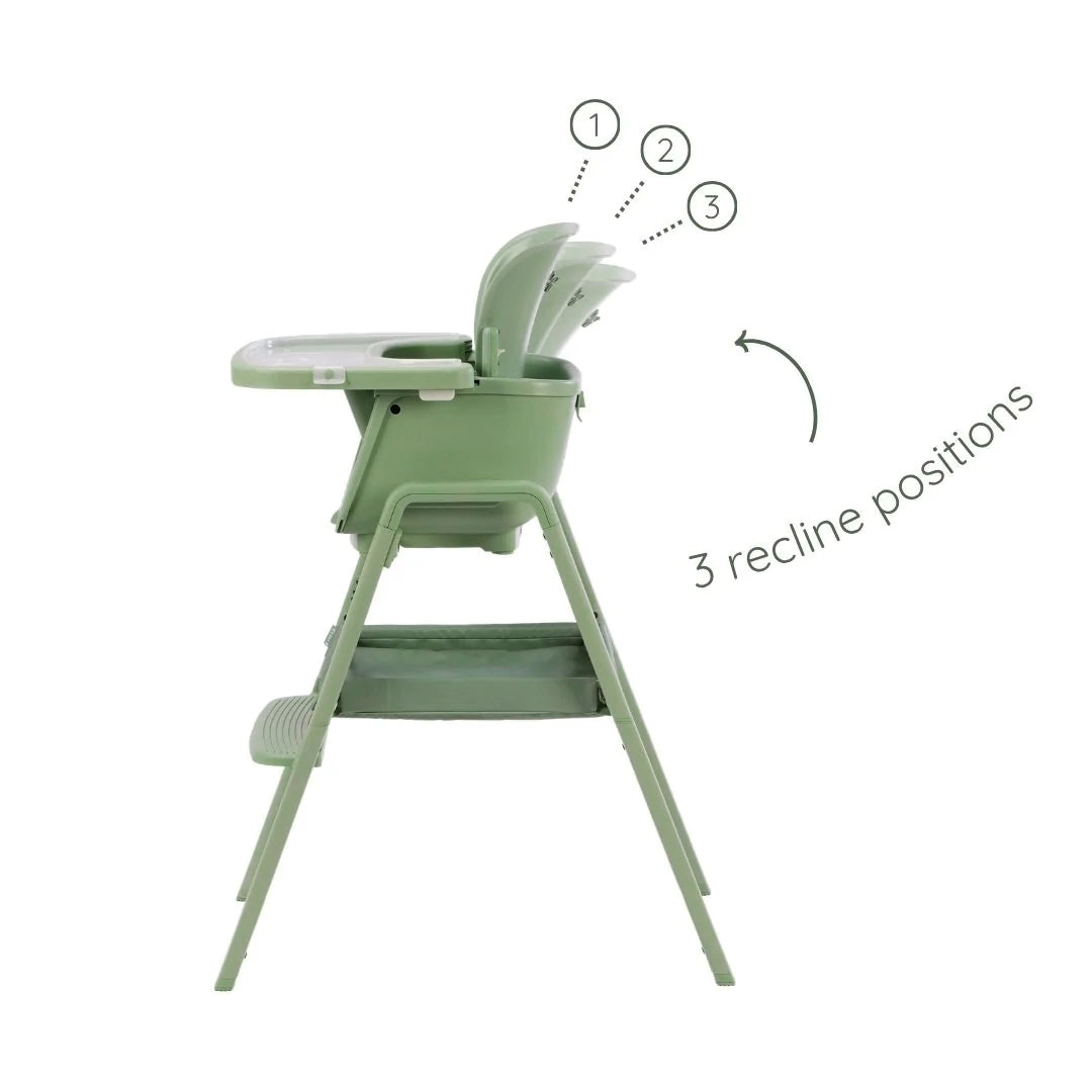 Cutout view of the Nova Maison 7 in 1 highchair in matcha, illustrating three recline positions for supported feeding from 6 months.
