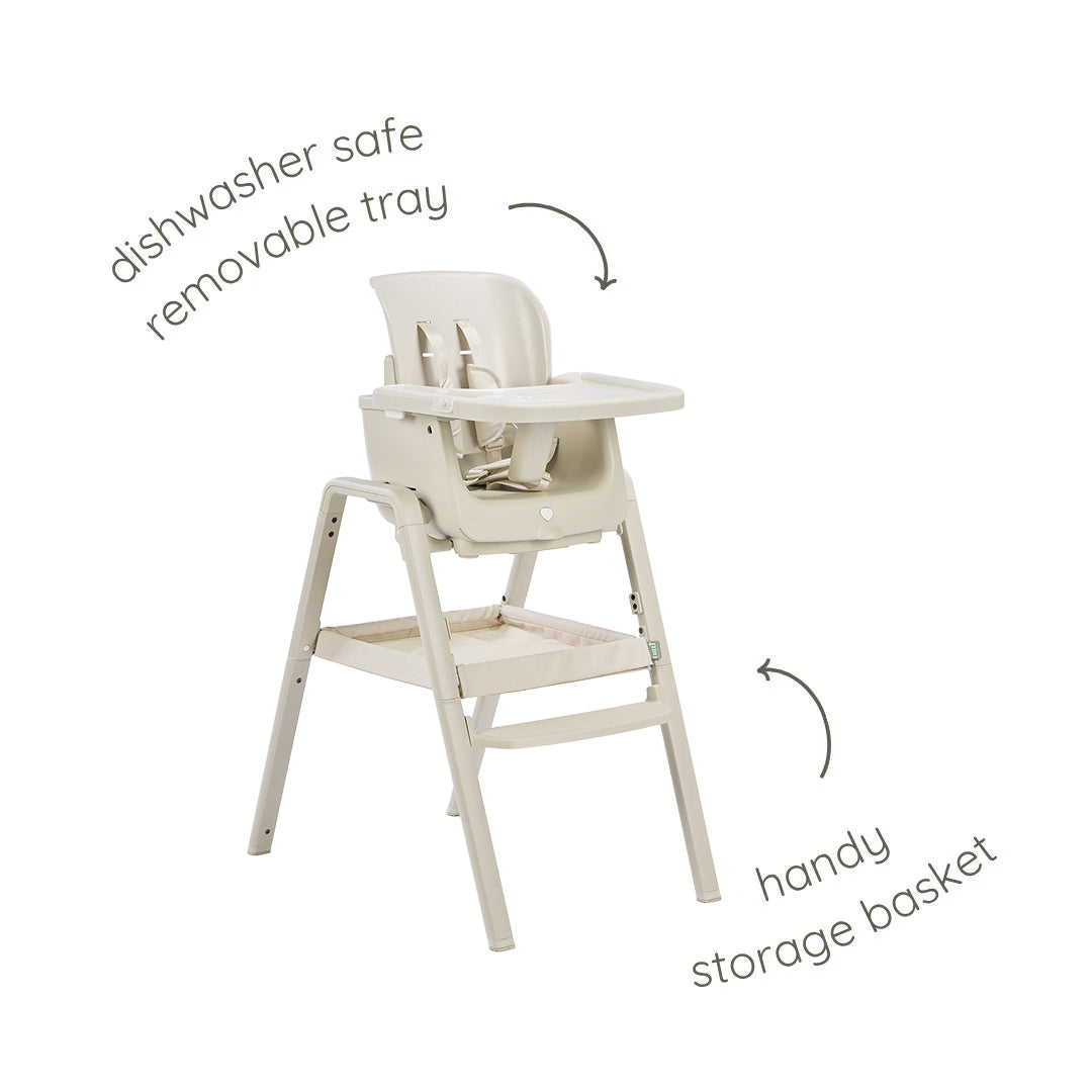 Cutout view of the Nova Maison 7 in 1 highchair in parsnip, showcasing dishwasher-safe removable tray and integrated storage basket.