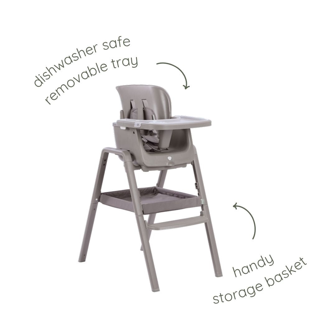 Cutout view of the Nova Maison 7 in 1 highchair in truffle, showcasing dishwasher-safe removable tray and integrated storage basket.