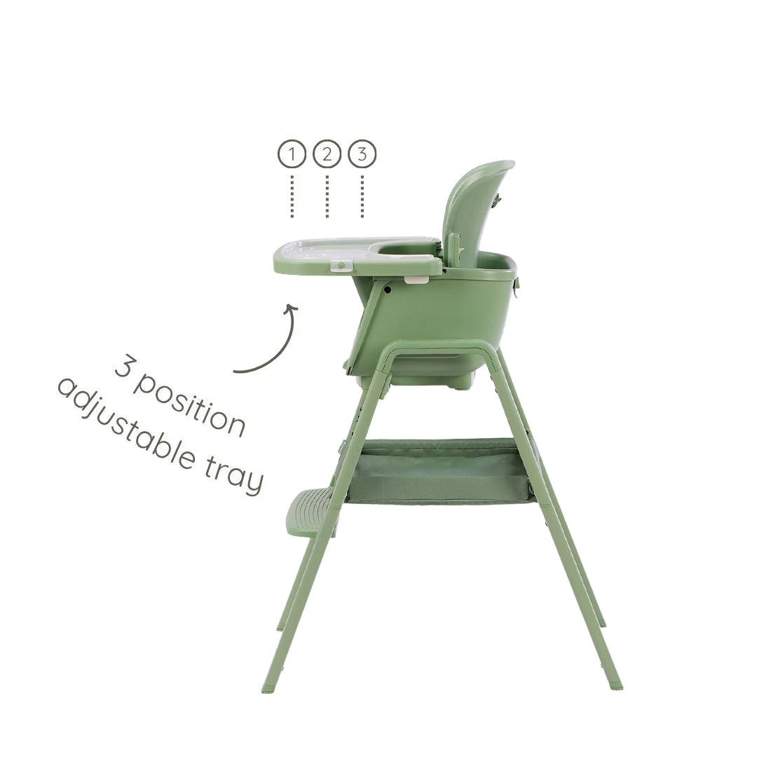 Cutout view of the Nova Maison 7 in 1 highchair in matcha, showing the three-position adjustable tray for comfort and easy access.