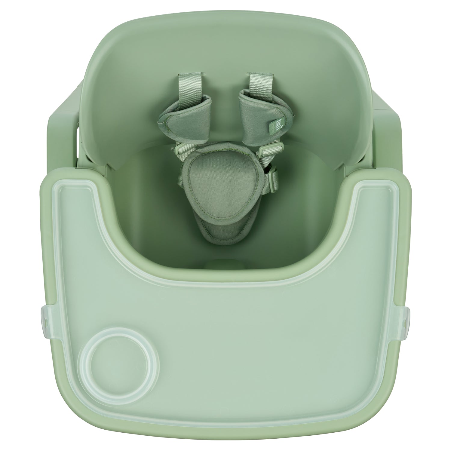 Aerial view of the nova maison 7 in highchair in matcha, showing removable feeding tray with integrated cup holder and supportive seat design.
