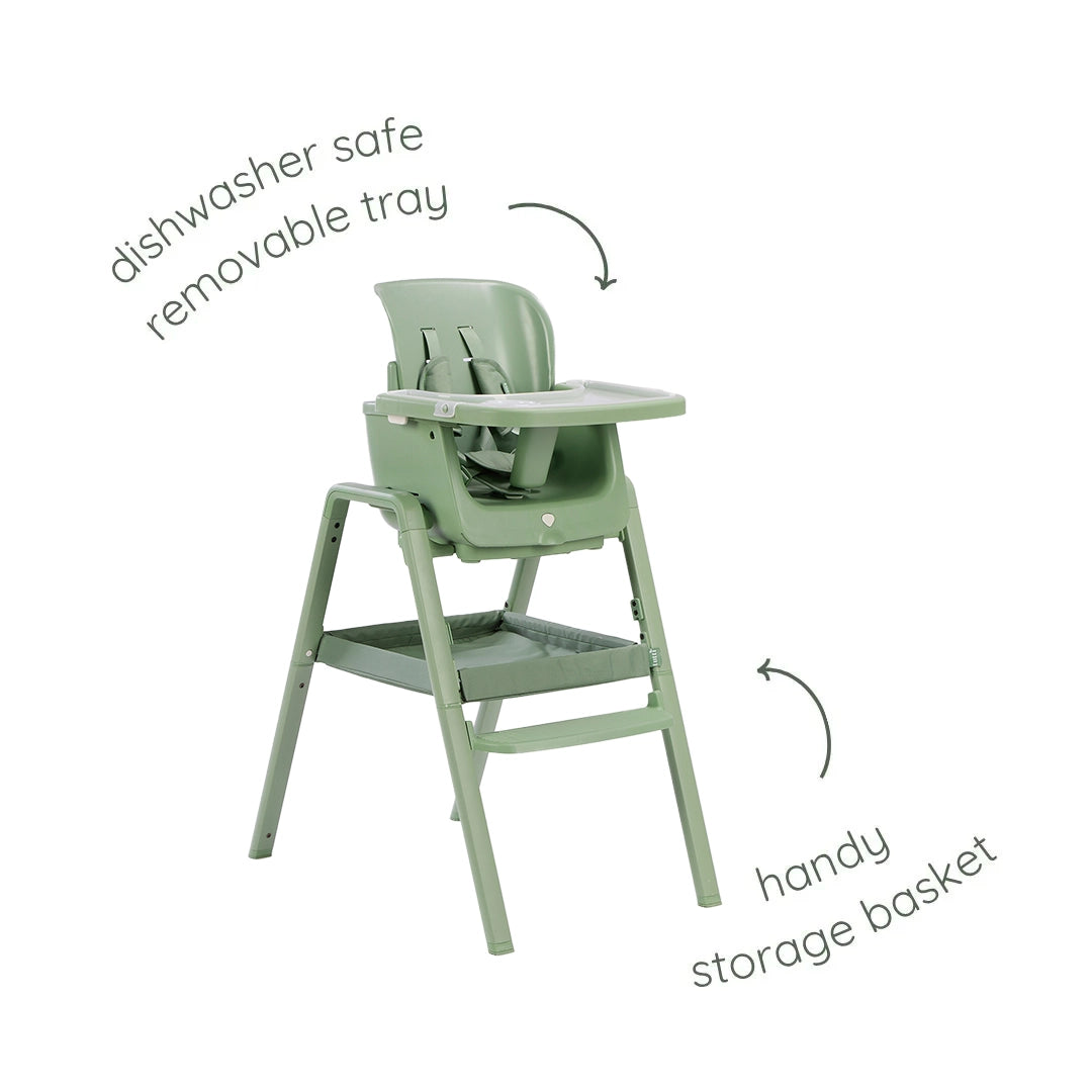 Cutout view of the Nova Maison 7 in 1 highchair in matcha, showcasing dishwasher-safe removable tray and integrated storage basket.