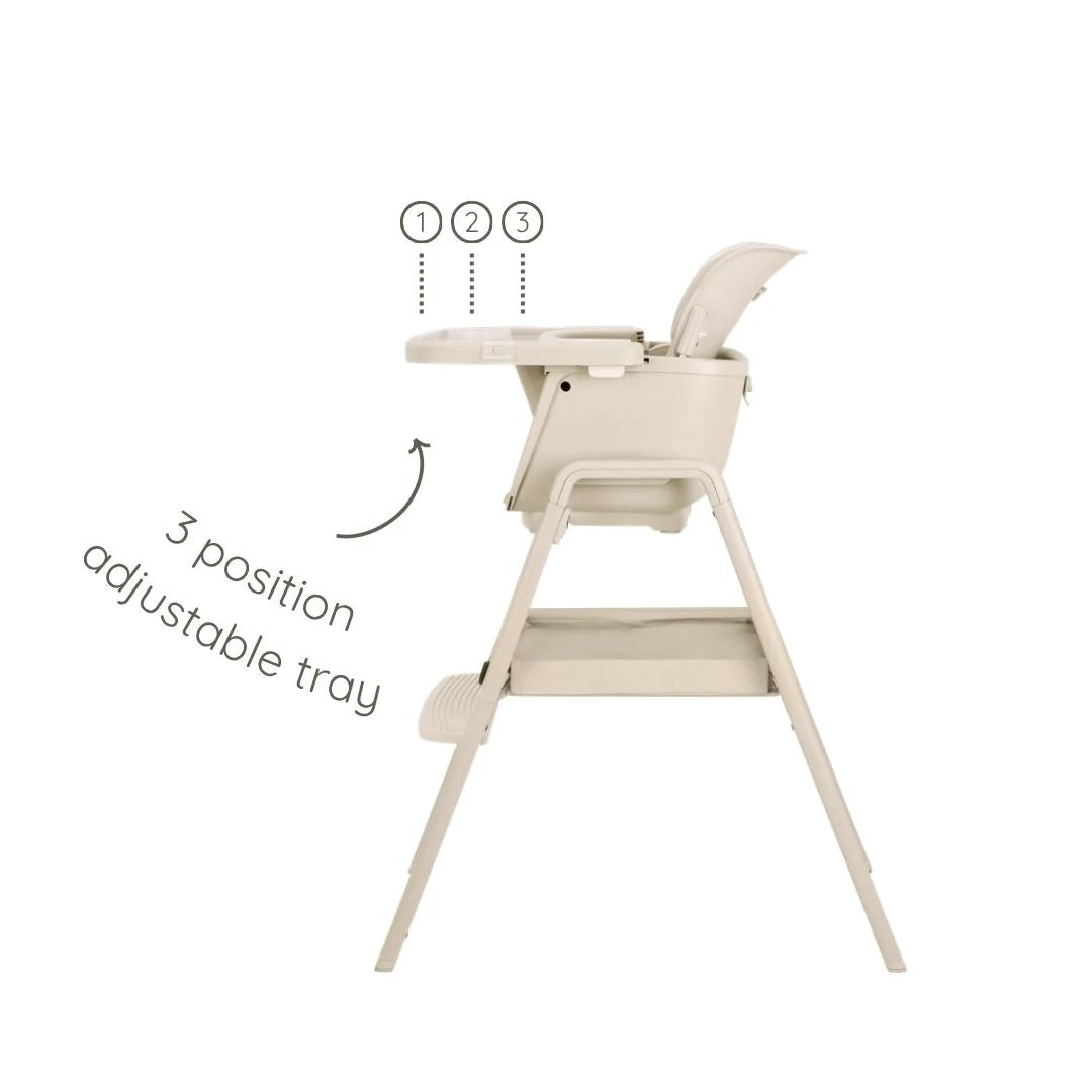 Cutout view of the Nova Maison 7 in 1 highchair in parnsip, showing the three-position adjustable tray for comfort and easy access.