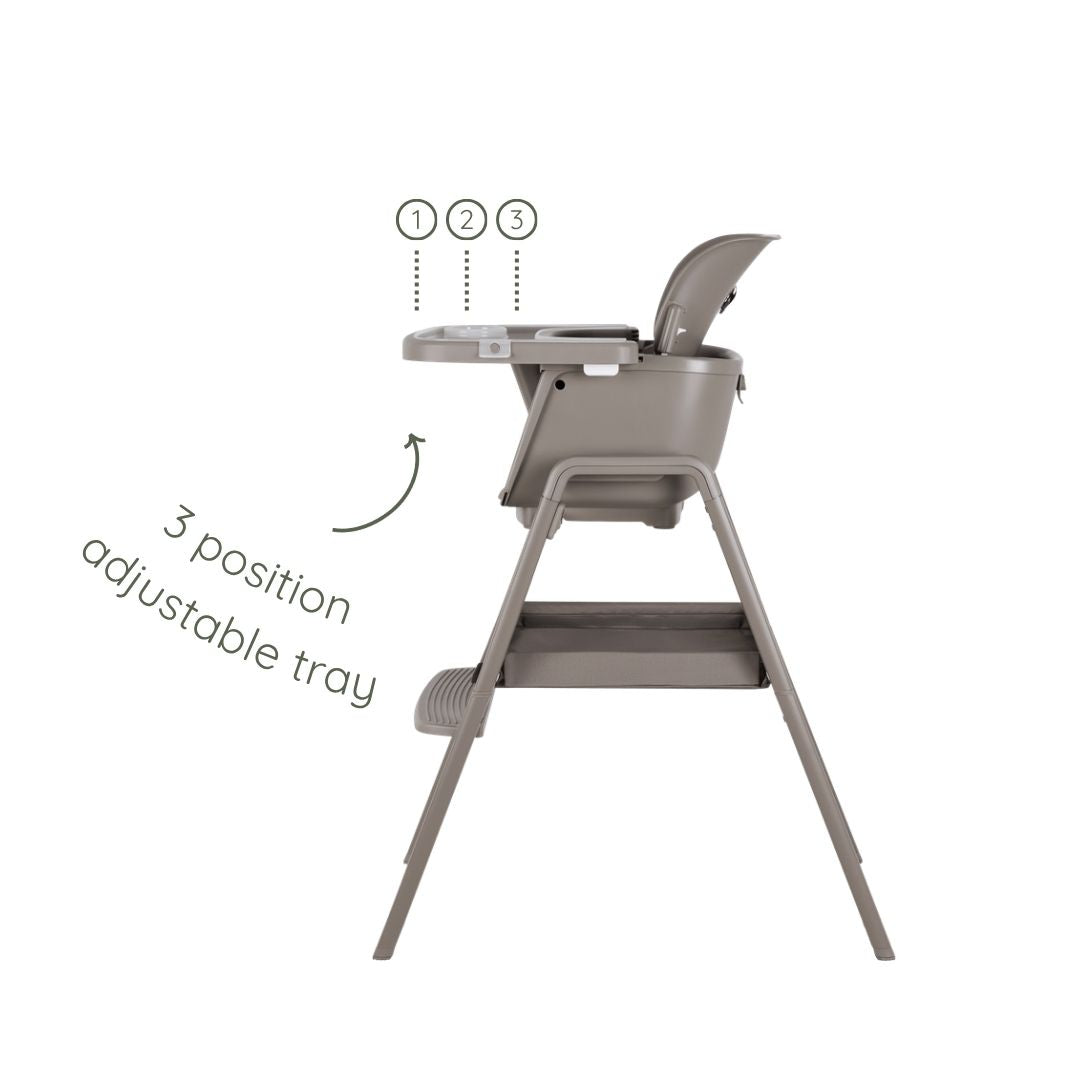 Cutout view of the Nova Maison 7 in 1 highchair in truffle, showing the three-position adjustable tray for comfort and easy access.