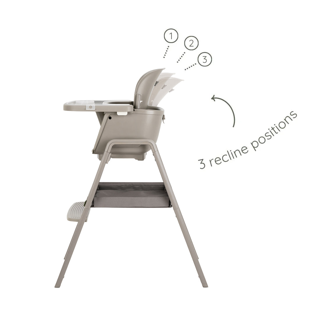 nova maison truffle highchair in recline view highlighting 3 position functionality for increased comfort.