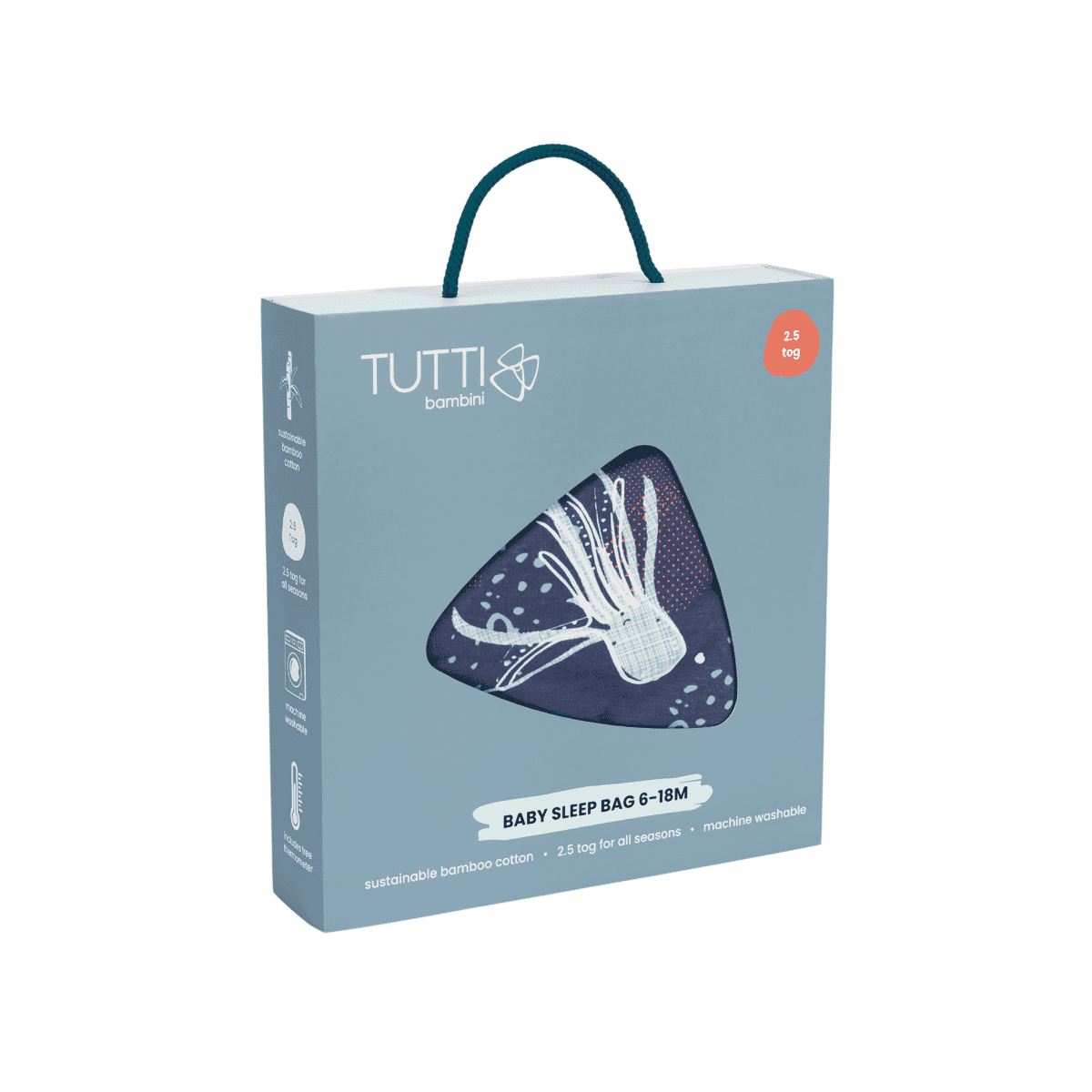 Packaged Tutti Bambini baby sleep bag 6–18 months in Our Planet design, 2.5 tog, sustainable bamboo cotton, machine washable.