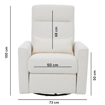 Paige recliner chair with dimensions indicated on a white background