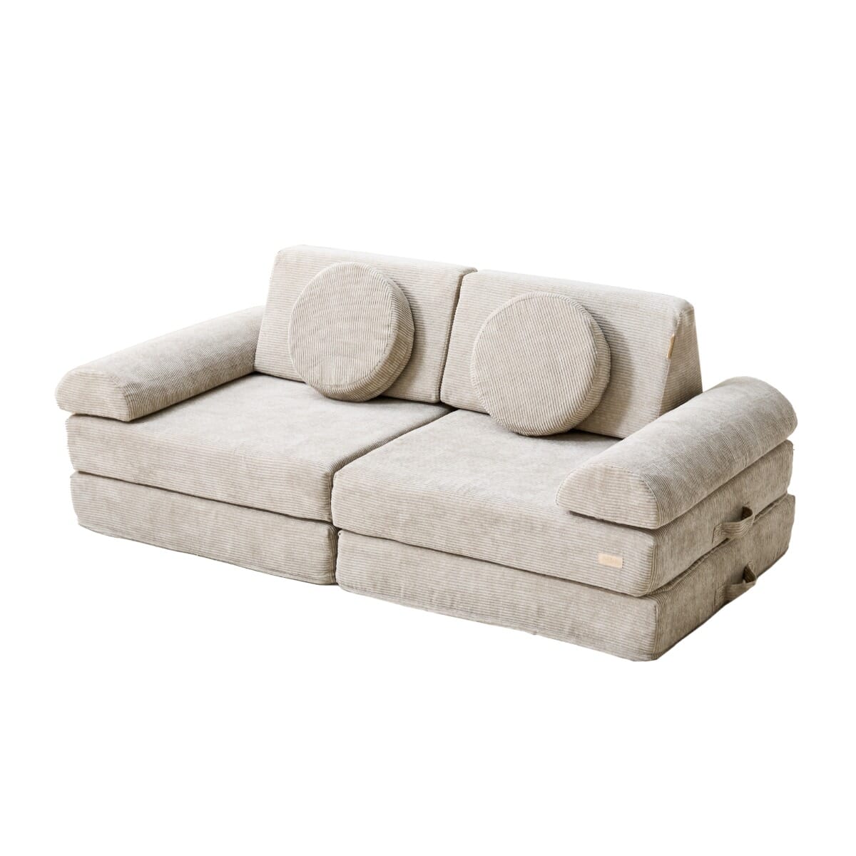 Cutout view of the Playrama Montessori Kids Play Sofa in mushroom cord finish, shown in sofa setup with rounded cushions and armrests