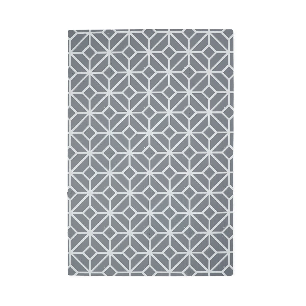 Grey puzzle playmat tiles with a geometric pattern shown flat, offering a cushioned, wipe-clean surface for easy play and floor protection