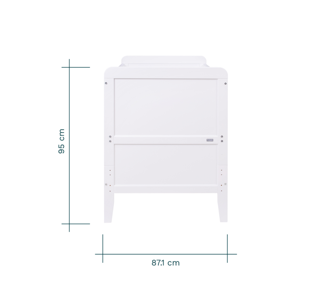 Side view of the Rio chest changer in white with labelled dimensions, highlighting overall height and width for nursery space planning