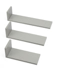 Rio set of three L-shaped wall shelves in dove grey on a white background, showcasing simple, elegant storage functionality.