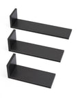 Front-facing view of Rio set of three L-shaped wall shelves in slate grey on a white background showcasing sleek and sturdy construction.