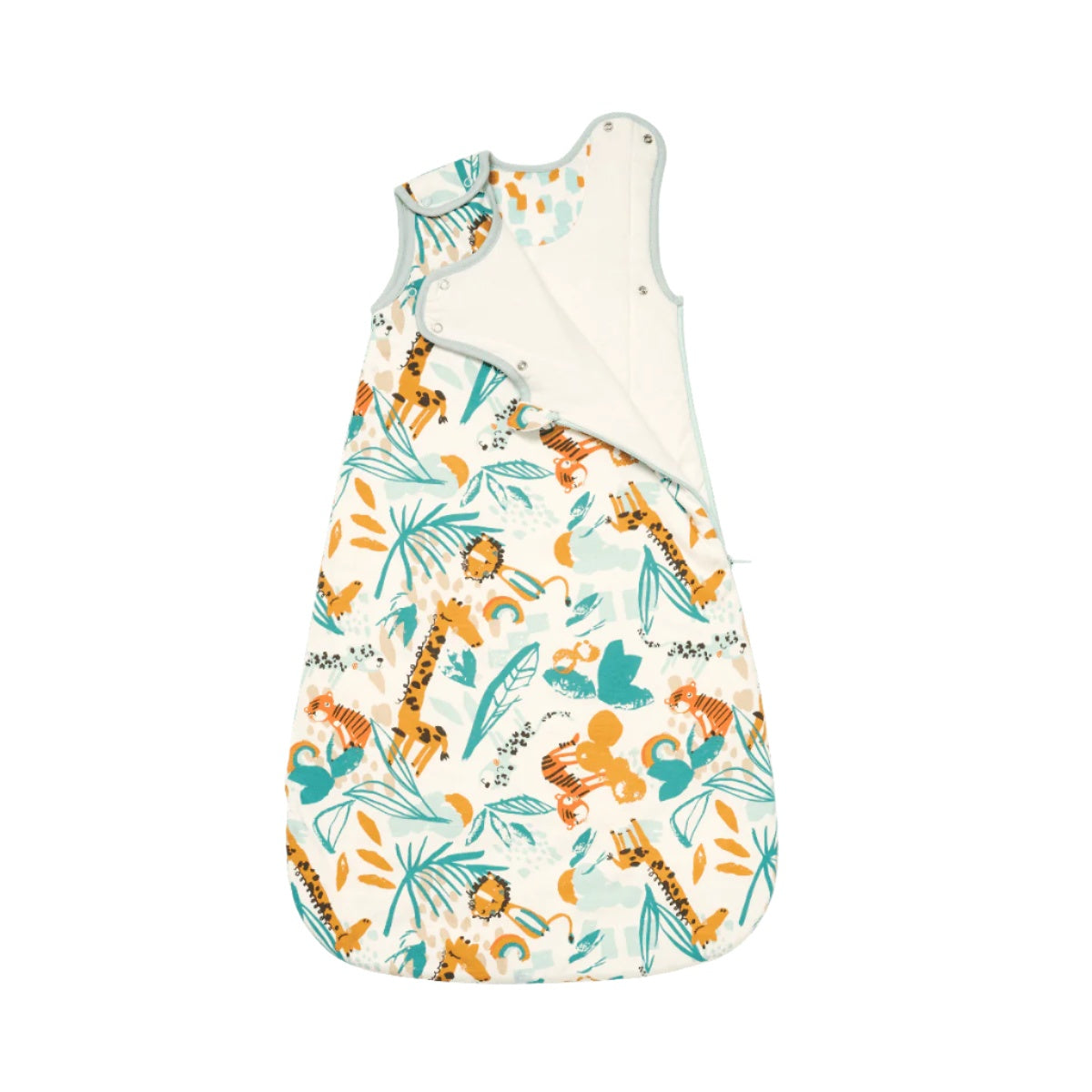 Run Wild baby sleep bag shown open with side poppers and safari animal print, designed for safe and cosy newborn sleep