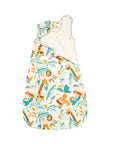 Run Wild baby sleep bag shown open with side poppers and safari animal print, designed for safe and cosy newborn sleep