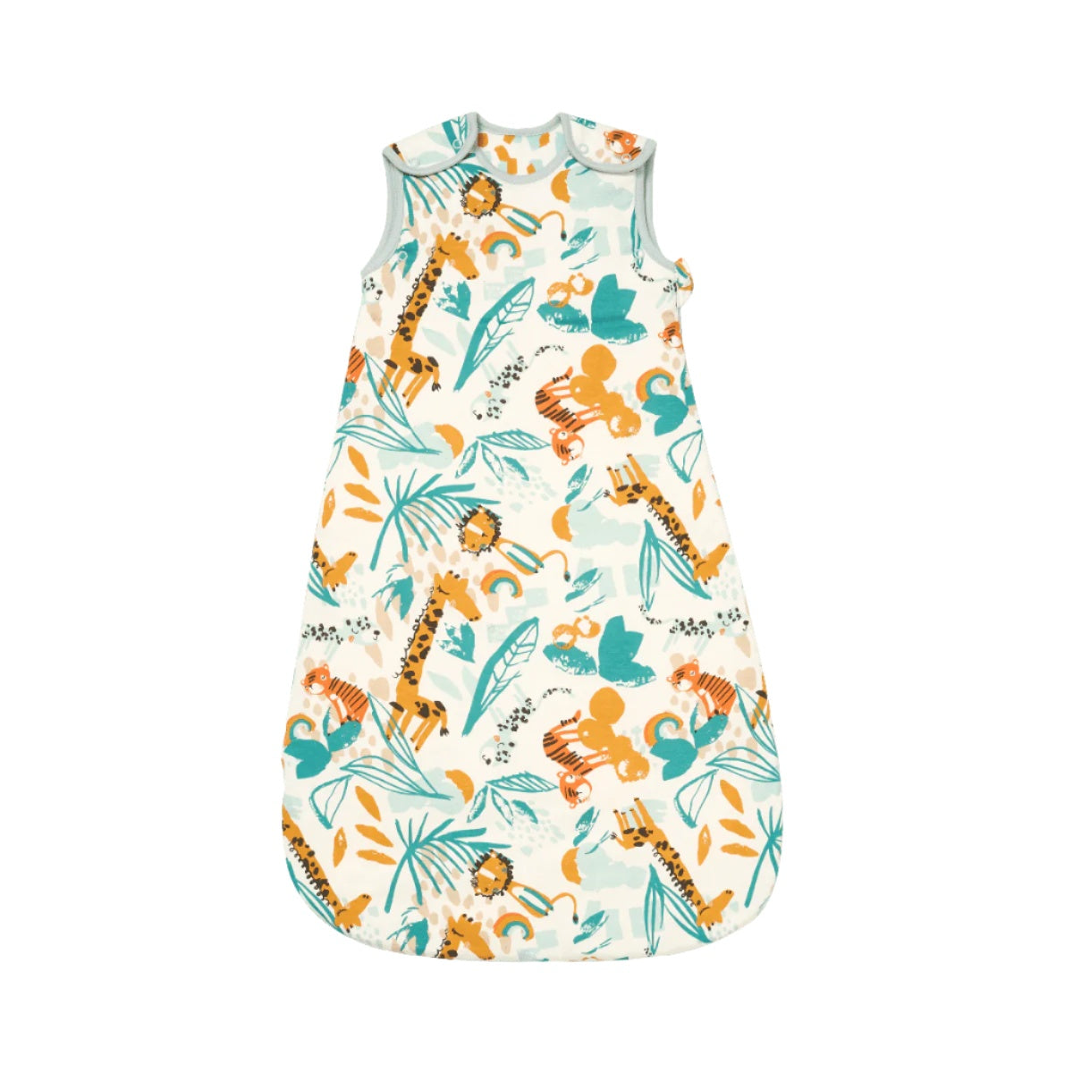 Front view of the Run Wild baby sleep bag with sleeveless design and colourful safari animal print for breathable sleep comfort
