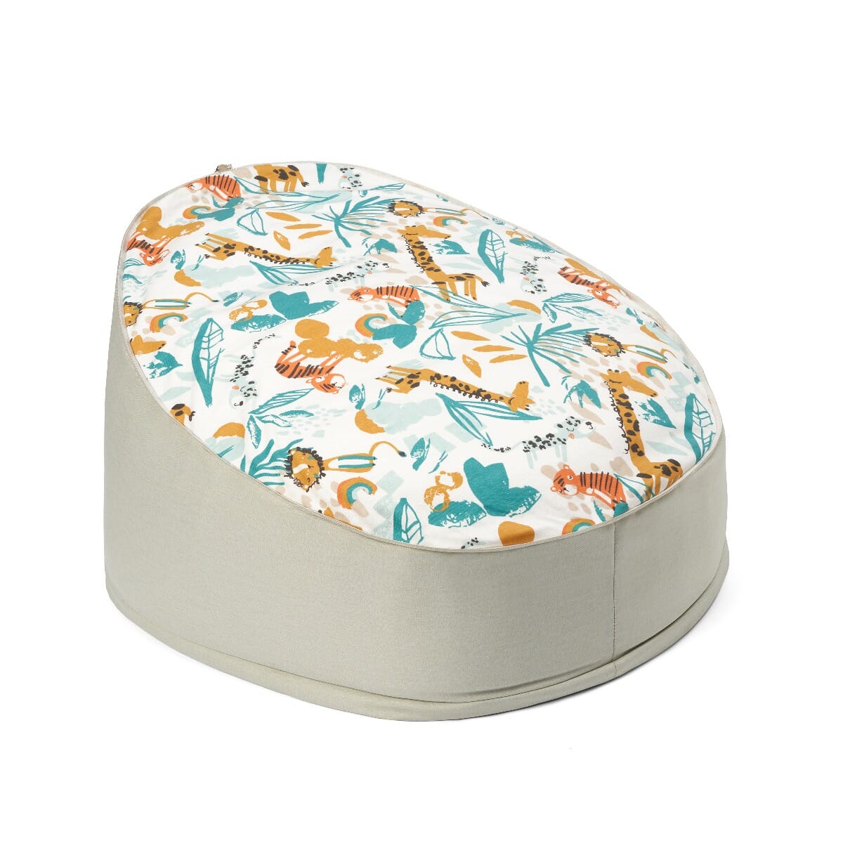 Cutout view of the Run Wild baby beanbag with softly structured base and playful animal print seat, designed for supportive lounging