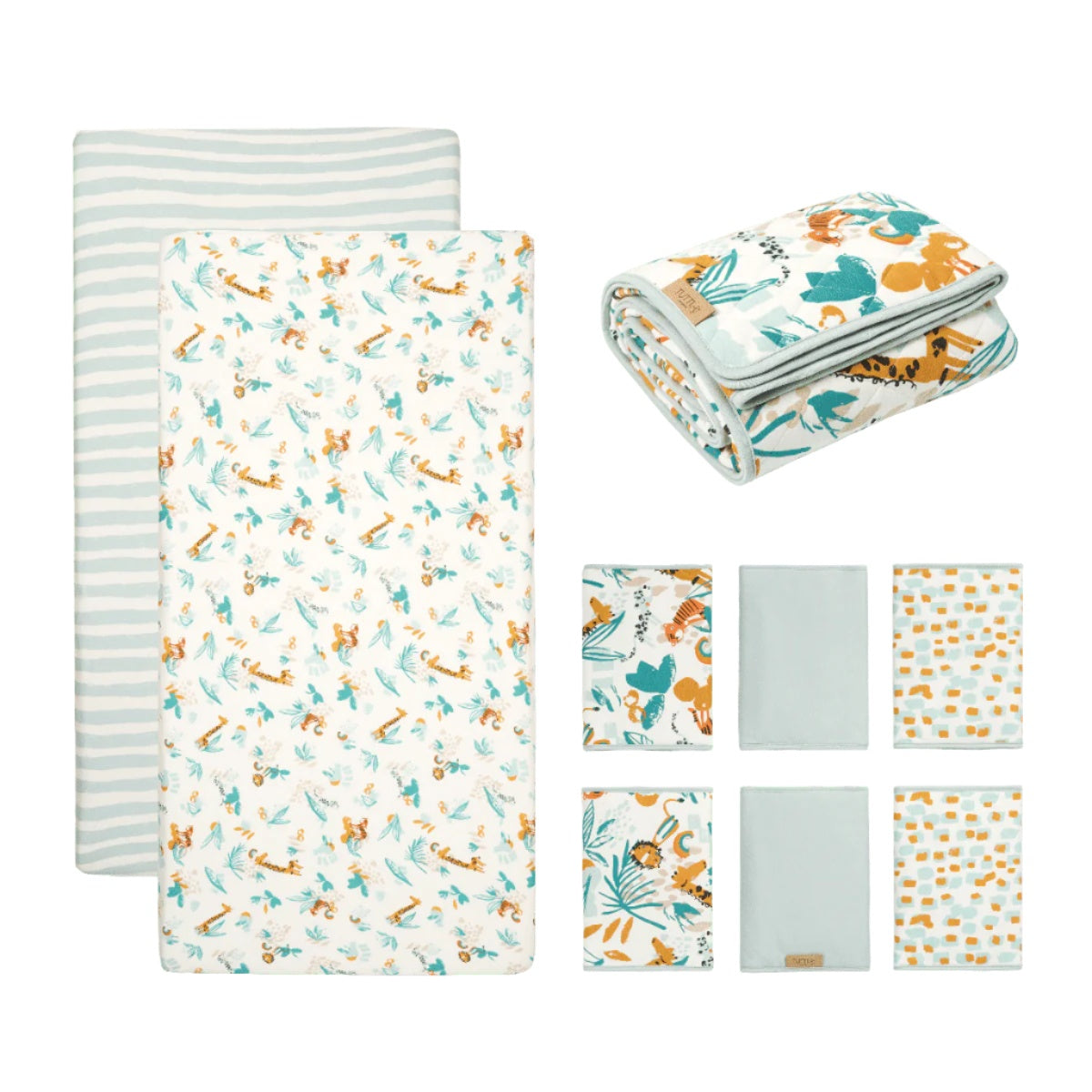 Run wild cot bundle including fitted sheets, coverlet and cot wraps