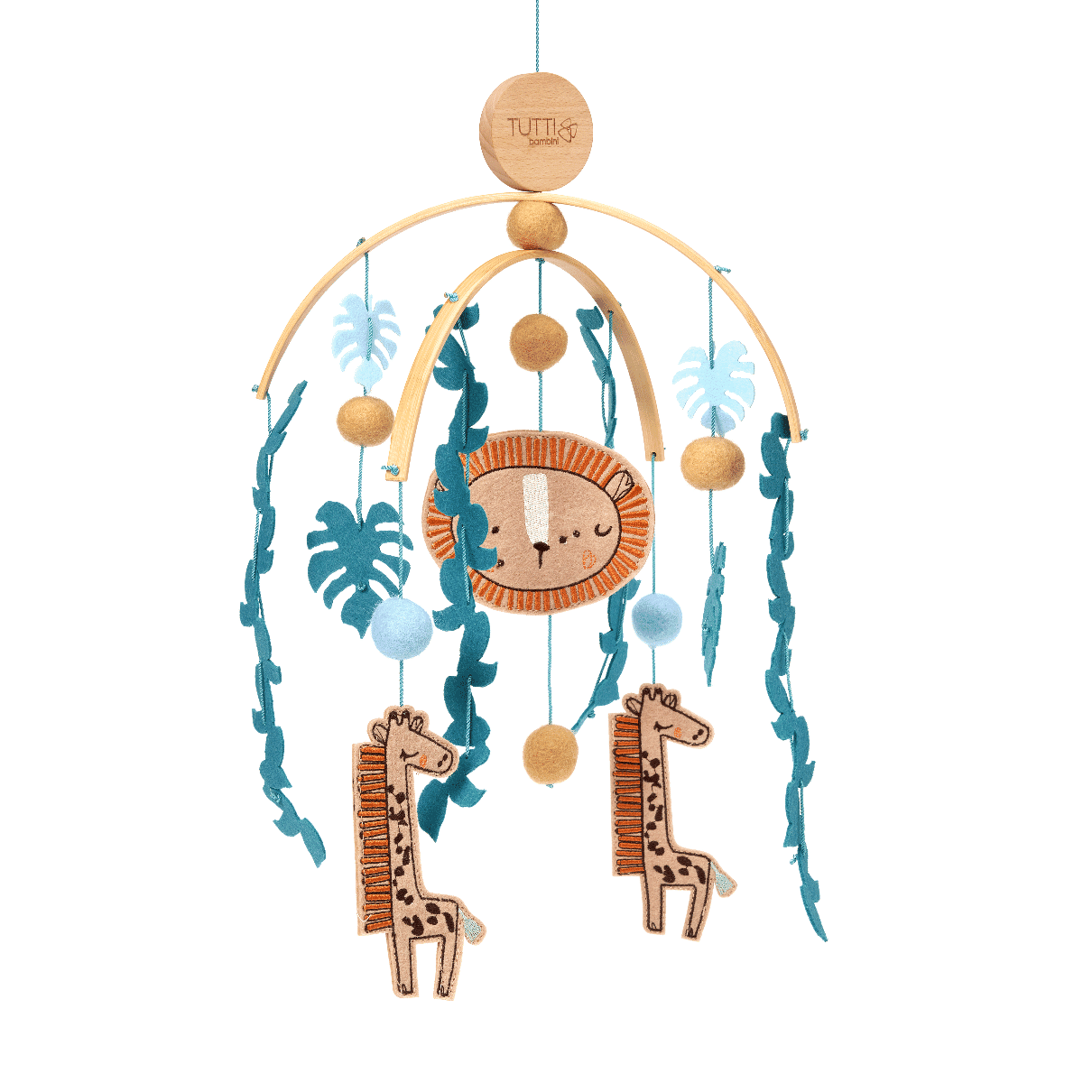 Run Wild felt nursery mobile featuring giraffes, lion and leafy shapes, designed to hang above cot or changing area for gentle visual interest