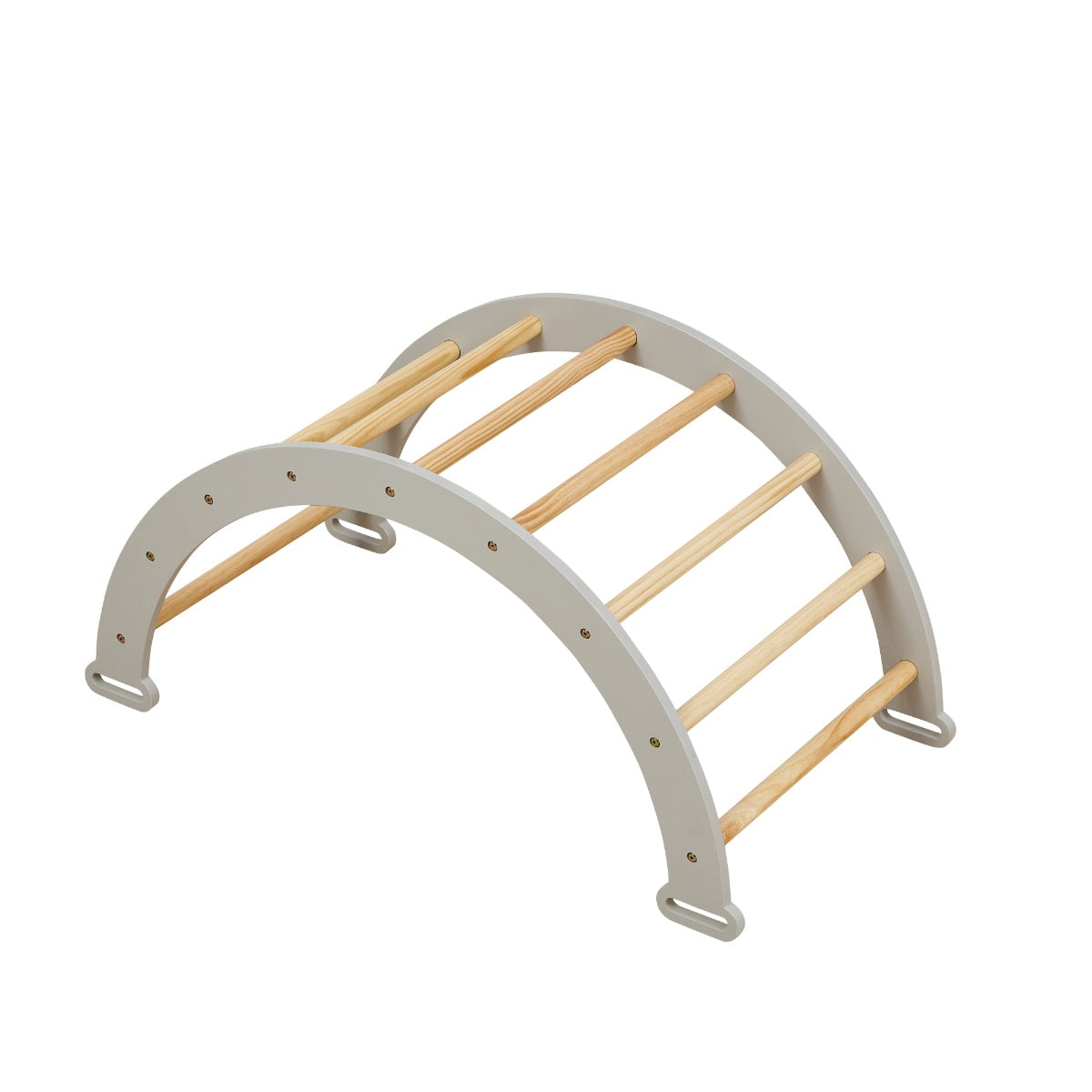 Cutout view of the Scala Montessori Pikler climbing arch in mushroom finish with natural wood rungs for open-ended climbing play