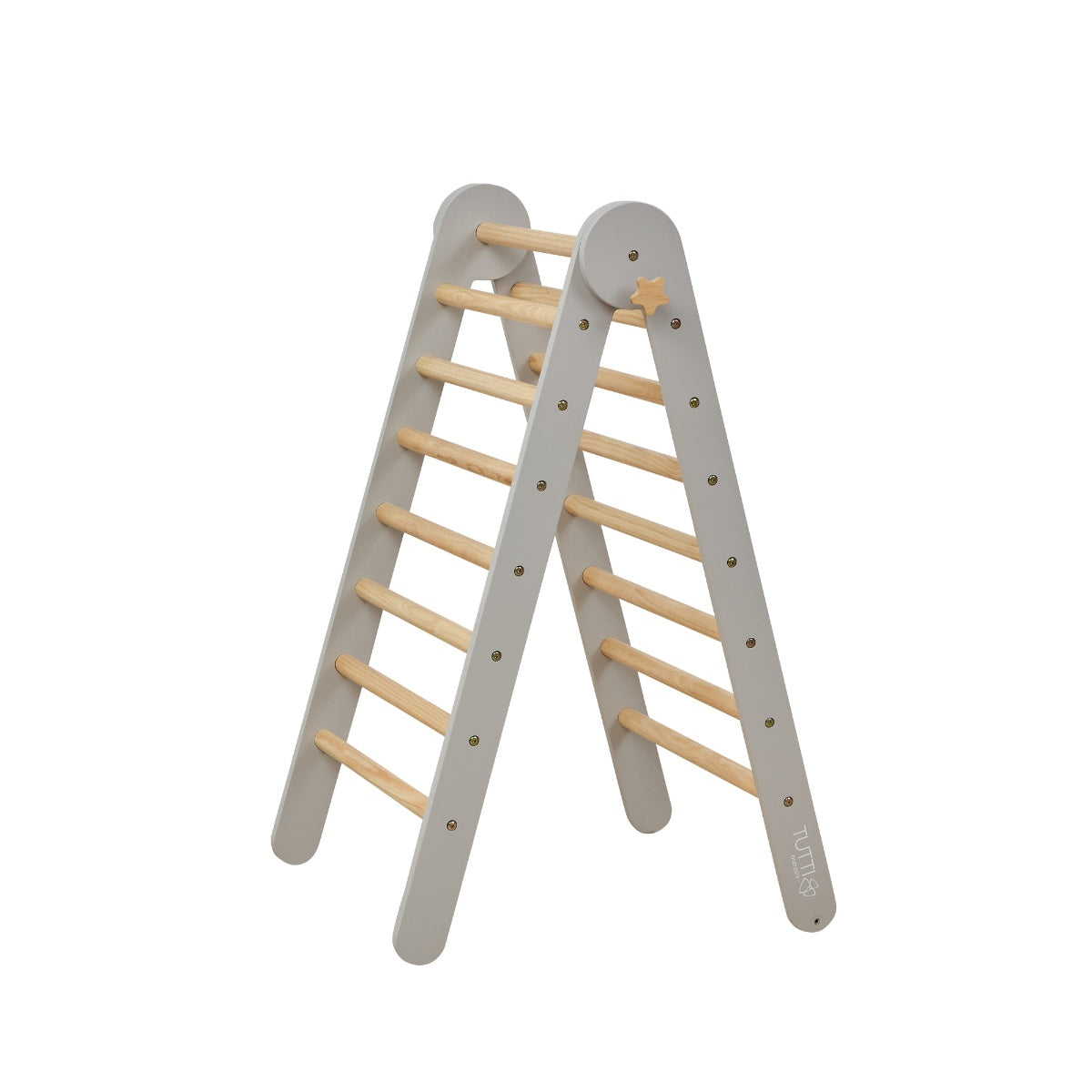 Cutout view of the Scala Montessori Pikler climbing frame in mushroom finish, shown in triangle ladder setup with smooth natural wood rungs