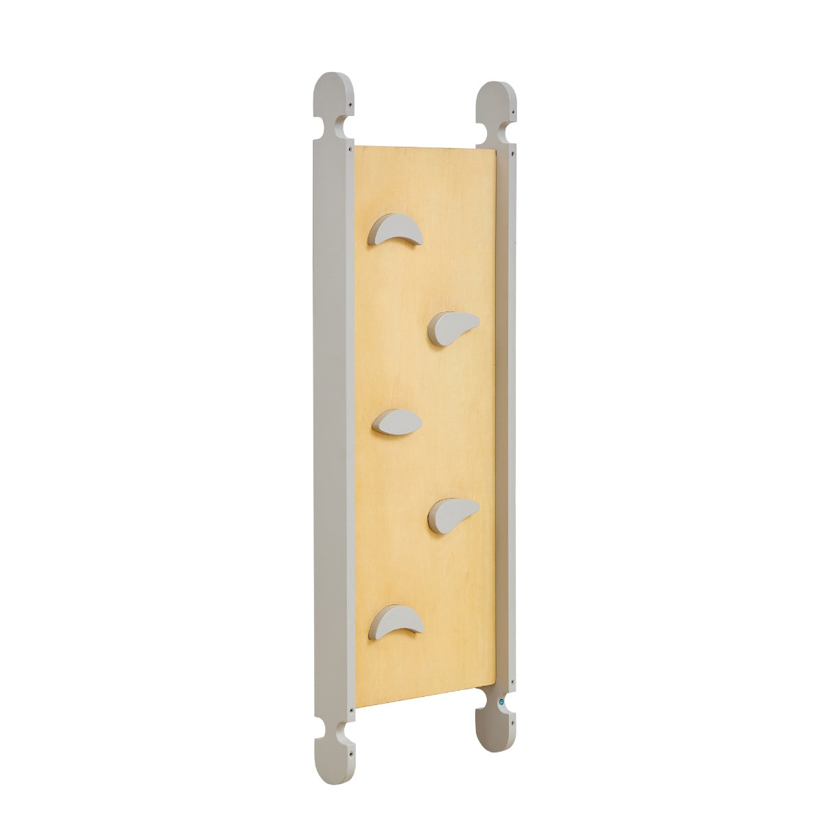 Cutout of the Scala Montessori Pikler climbing frame wall panel in mushroom finish, with natural wood board and grey climbing holds