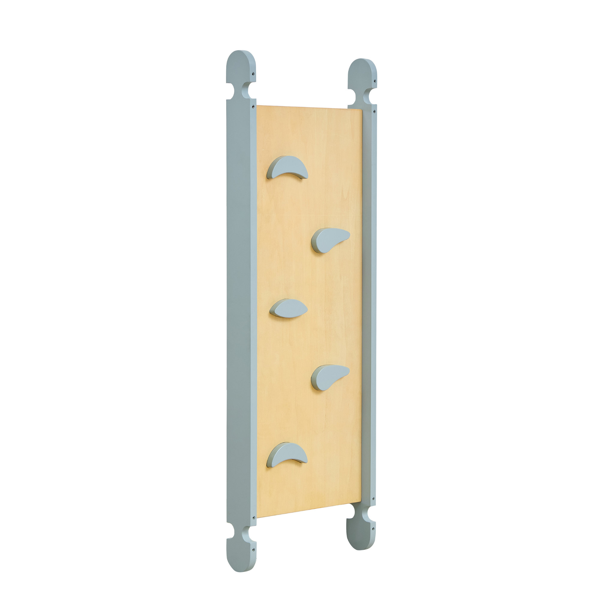Cutout view of the Scala Montessori climbing wall panel in ocean stone, featuring wooden grips designed to encourage balance, strength, and coordination
