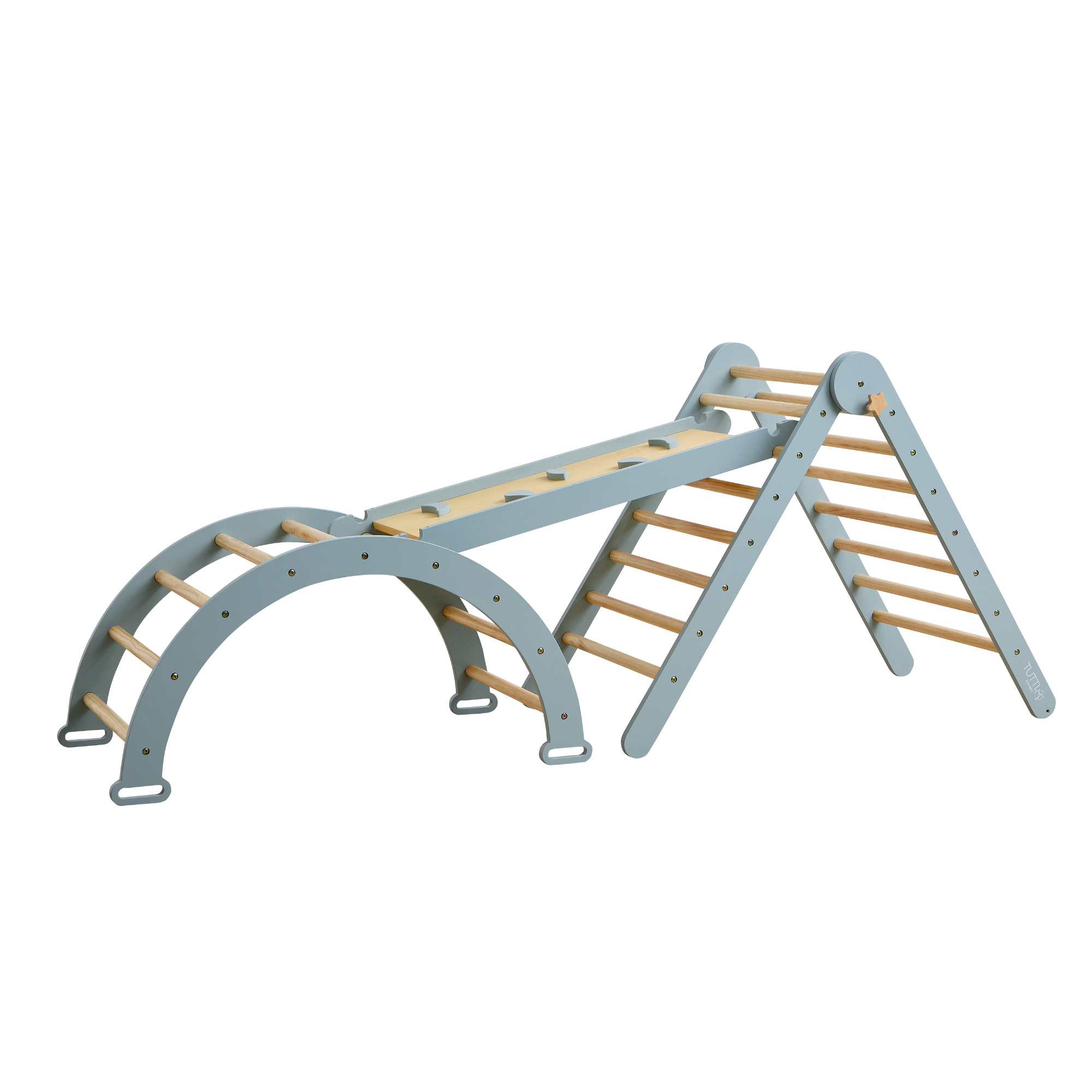 Cutout view of the Scala Montessori 3 in 1 Pikler climbing frame in ocean stone, featuring wall, arch, and triangle components for varied active play