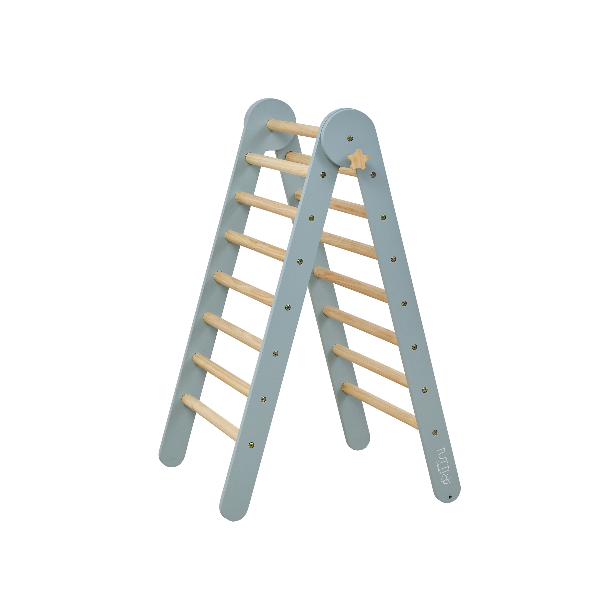 Cutout of the Scala Montessori 3 in 1 Pikler climbing frame in ocean stone with triangle ladder setup, encouraging balance and active play