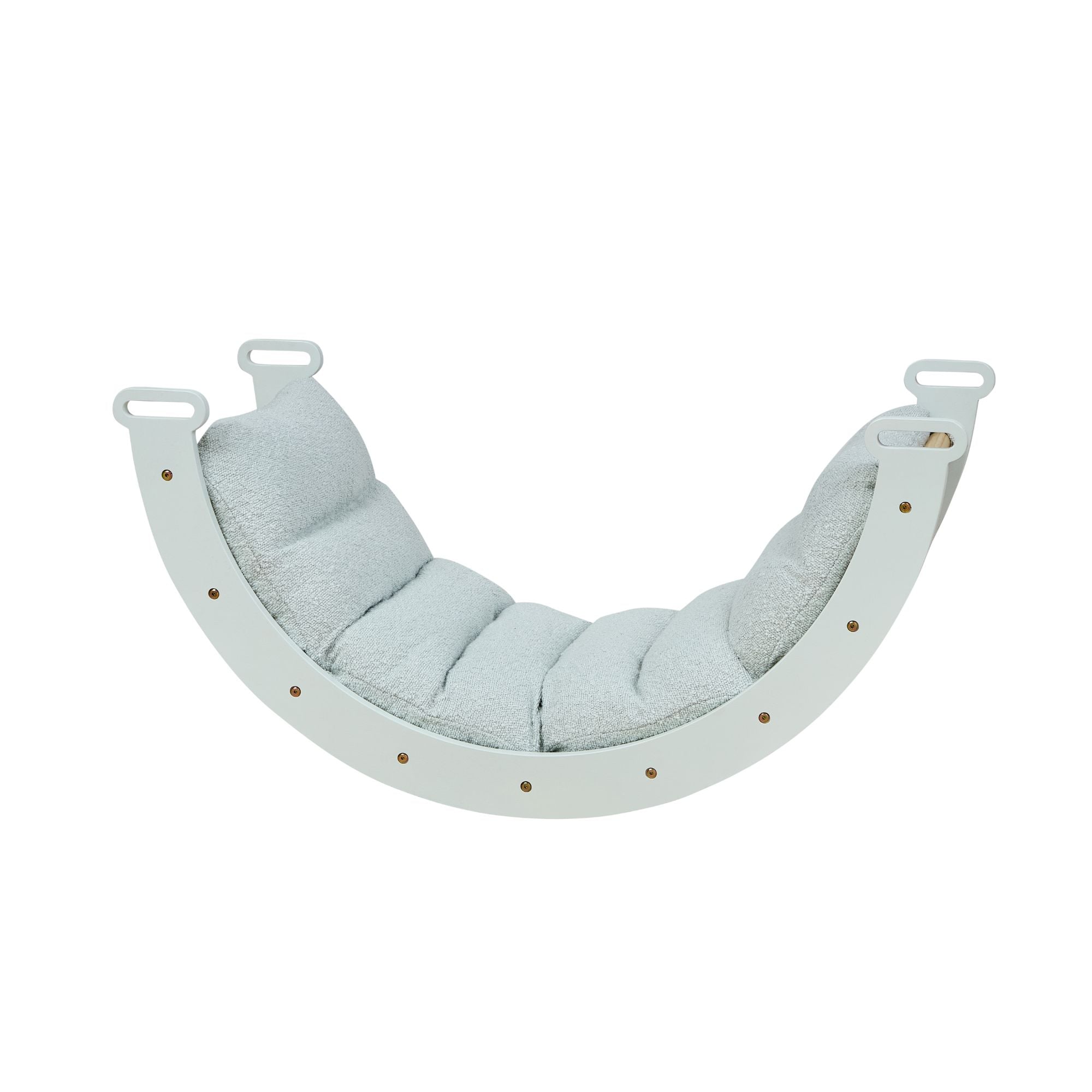 Side cutout of the Scala Montessori Pikler cushion in boucle sea mist, showing its plush textured padding and supportive, full-length cushioning.