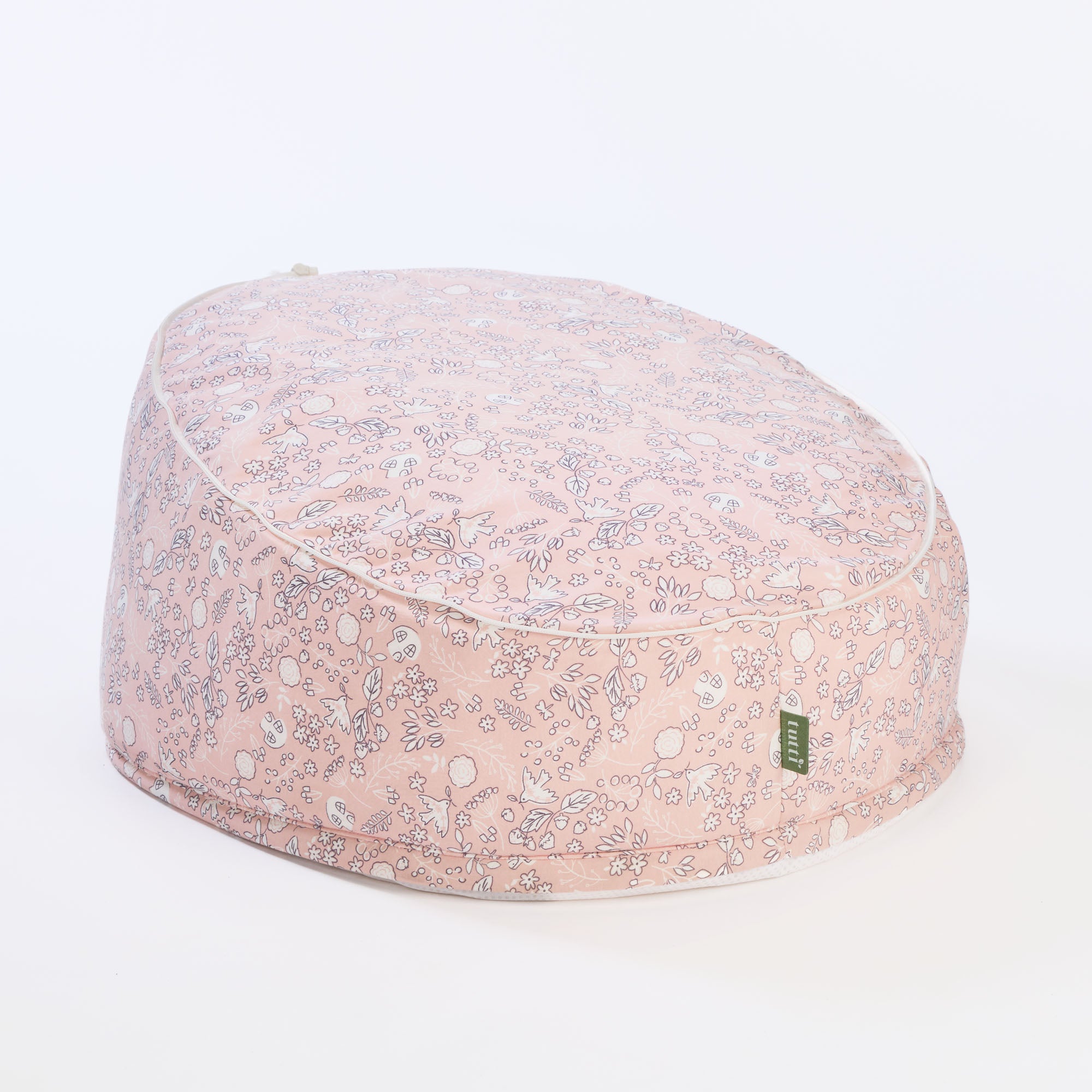 Cutout of Tiny Tails beanbag in full pastel woodland print, featuring removable top and secure base for versatile everyday use