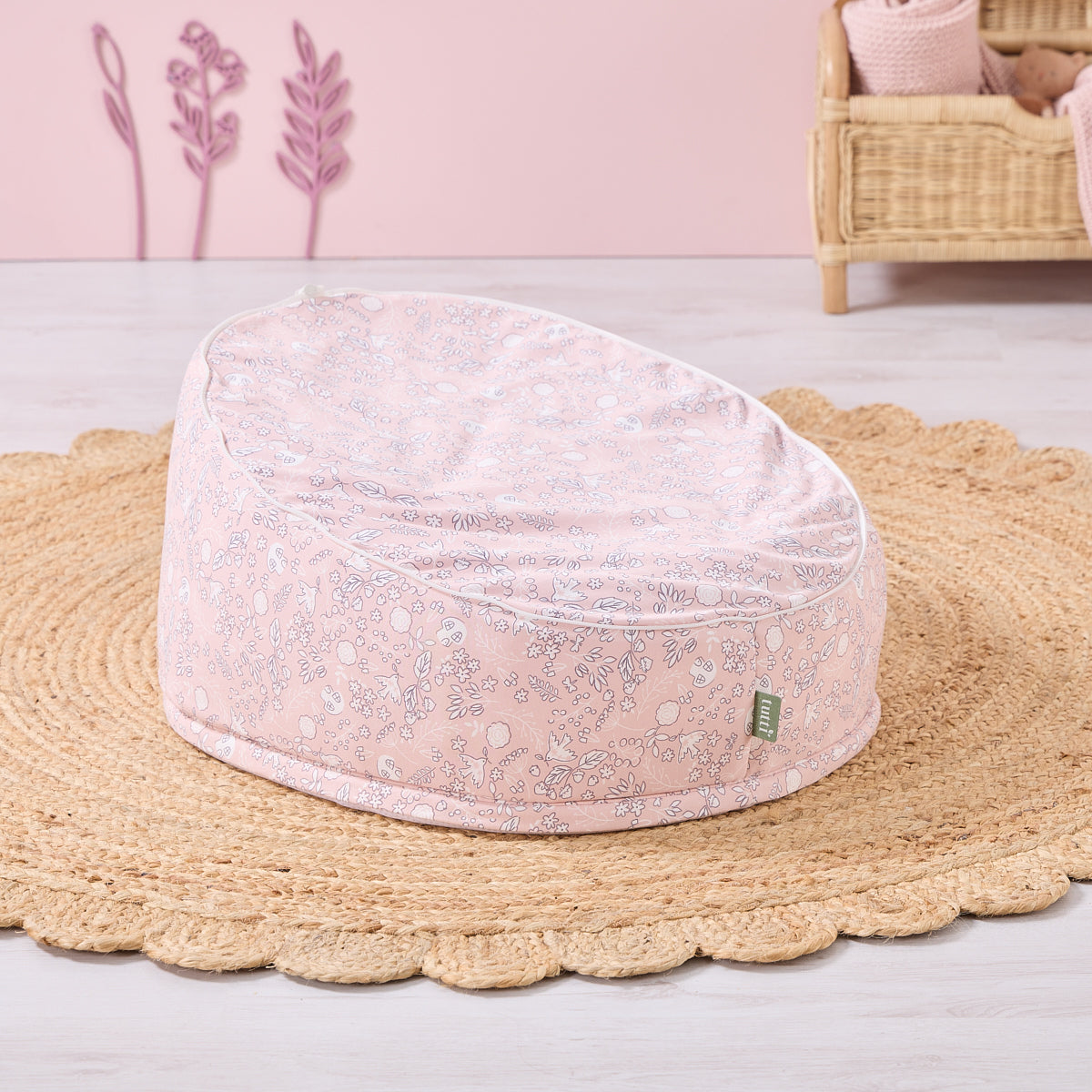 Tiny Tails beanbag with seat cover removed, showing full floral base in pink and white print for everyday comfort and play