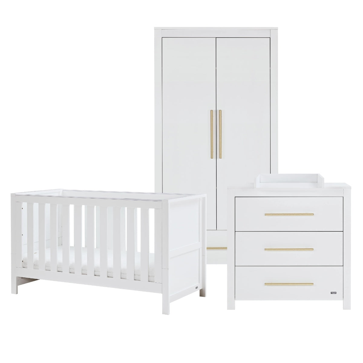 Cutout view of the Tivoli white nursery set with cot bed, chest changer and wardrobe, designed for a cohesive, timeless nursery look