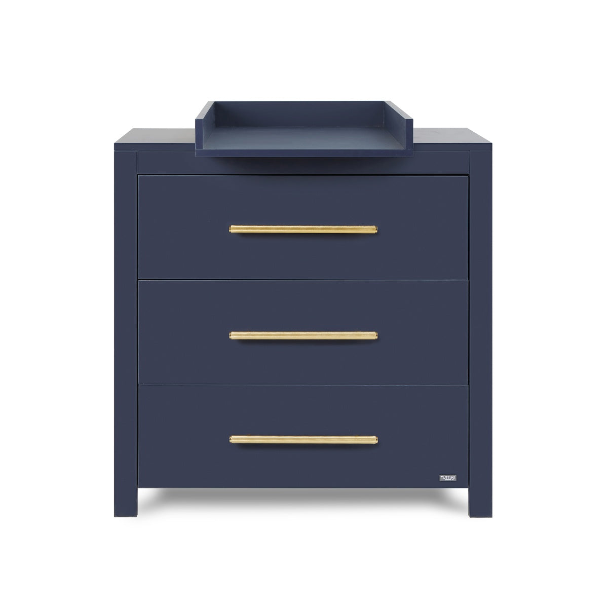Front view of the Tivoli chest changer in navy with three spacious drawers and a removable changing top for everyday nursery use