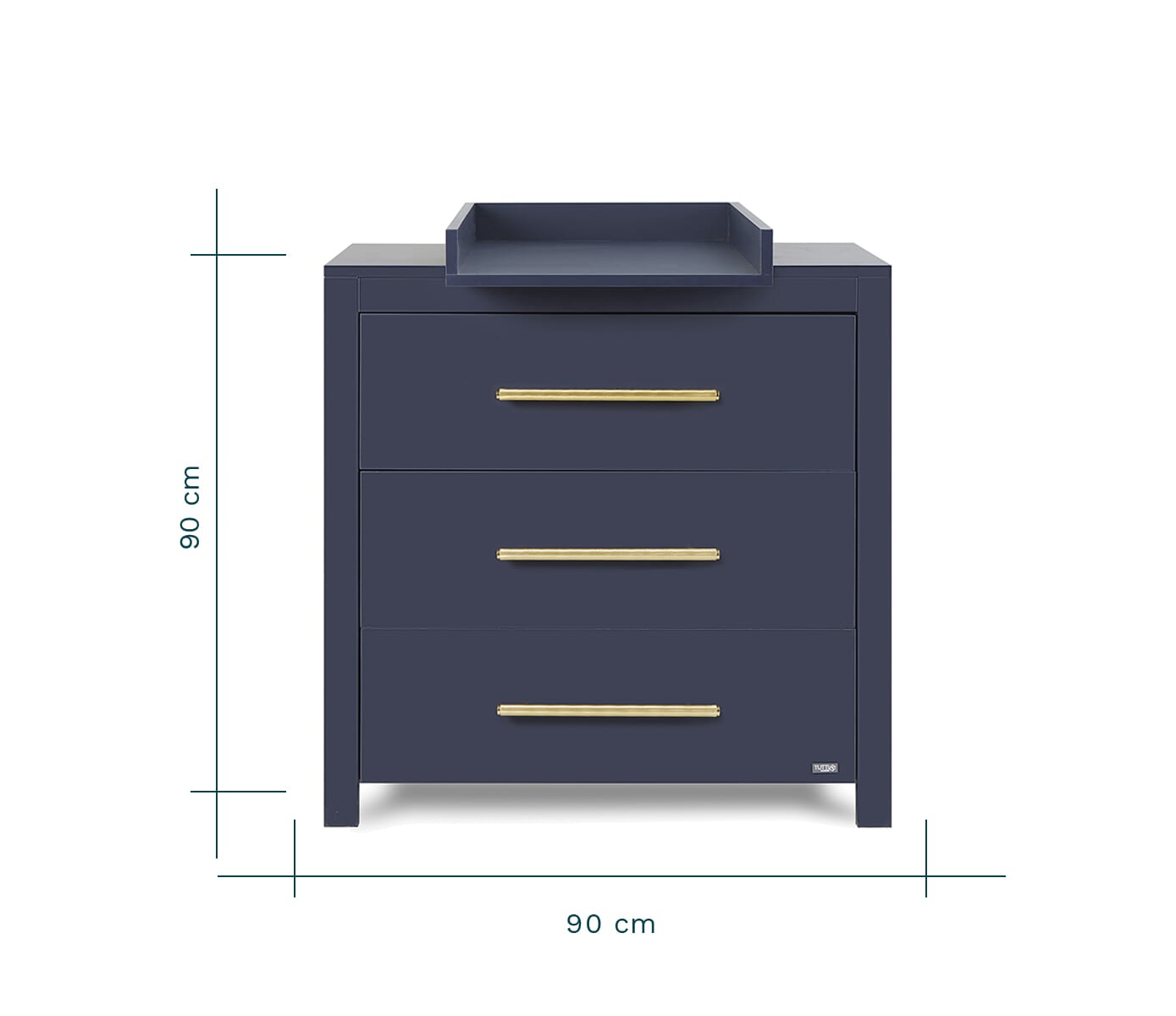Front dimension view of the Tivoli chest changer in navy with gold handles and raised changing top