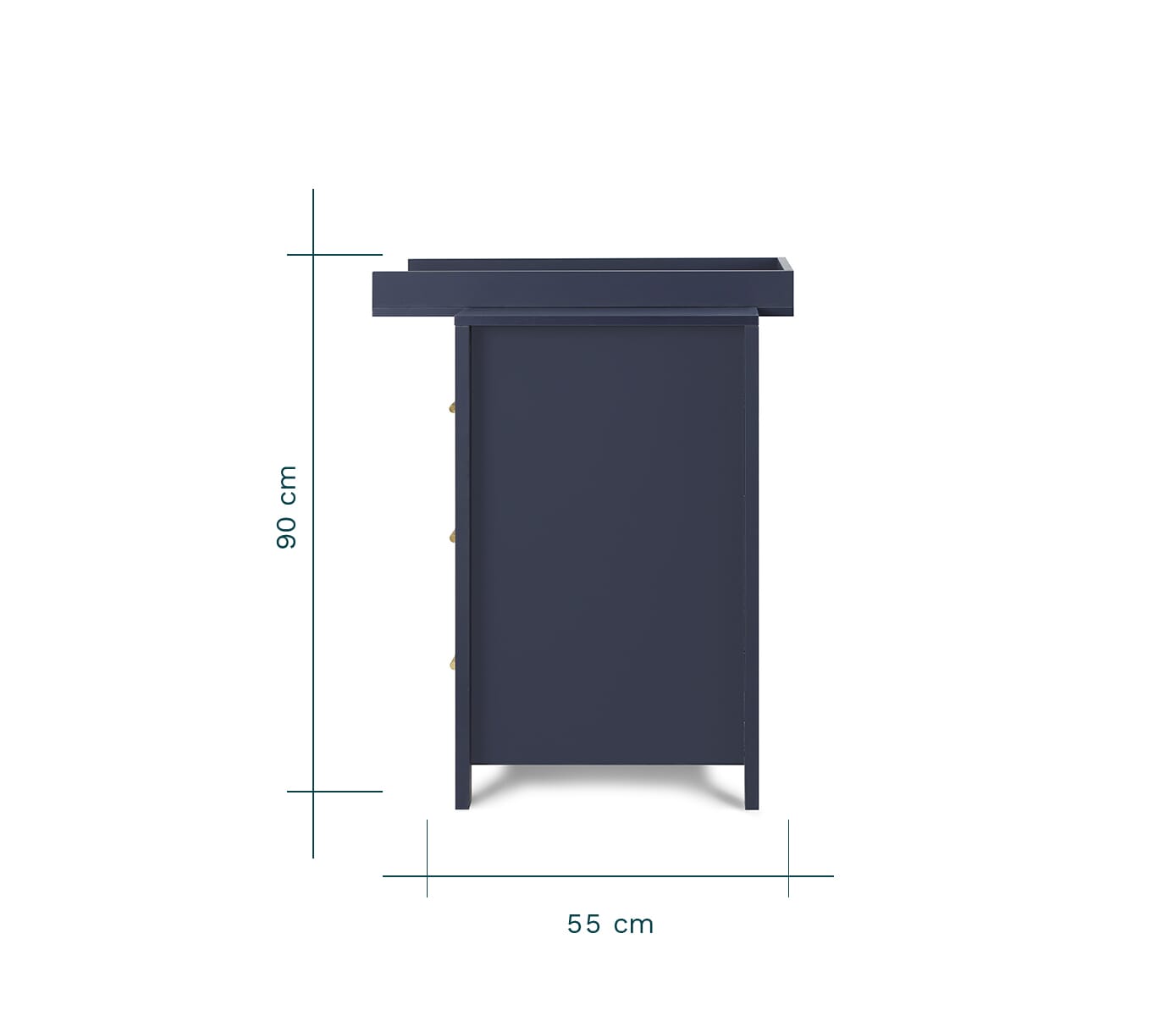 Side dimension view of the Tivoli chest changer in navy, showing 90cm height and 55cm depth with clean, modern lines
