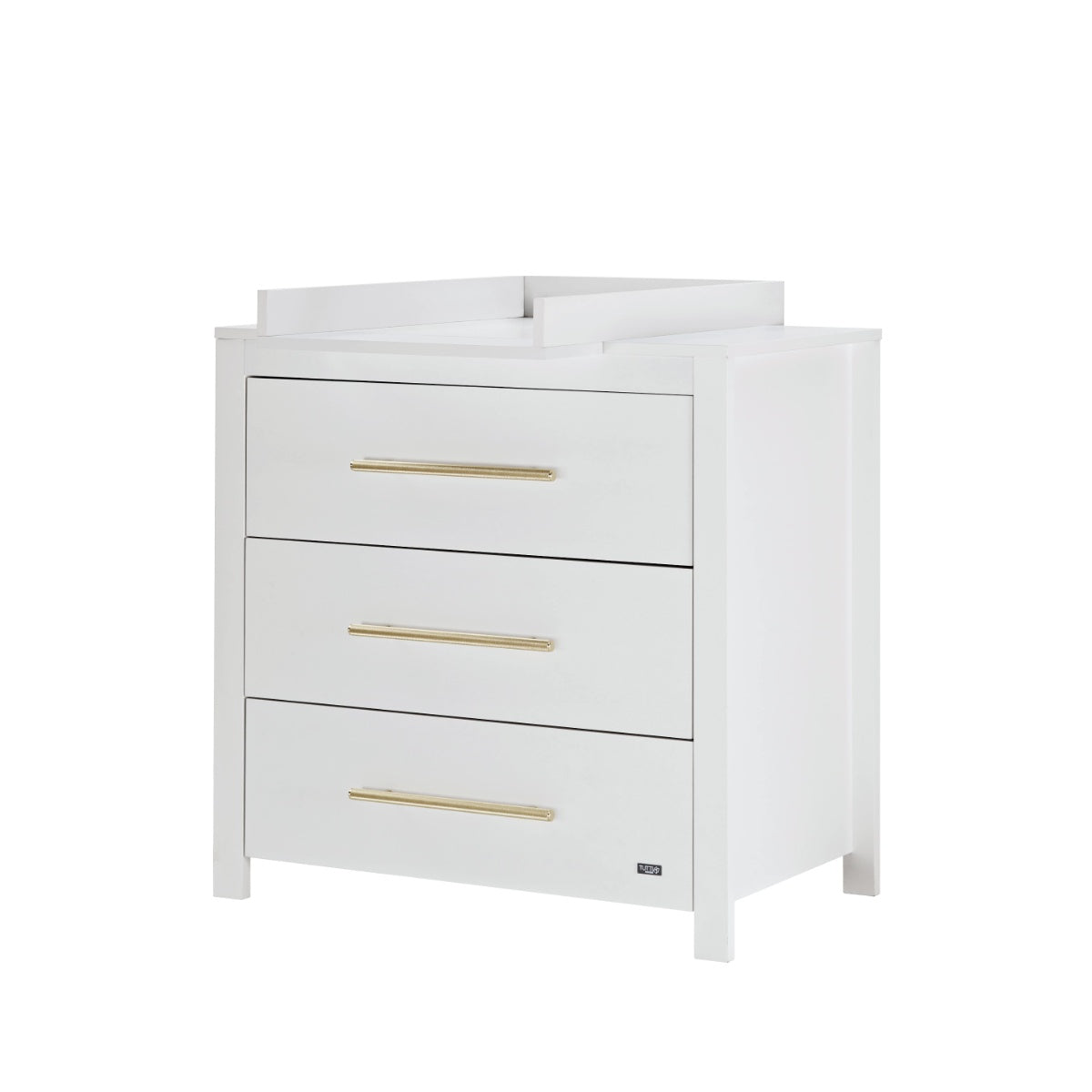 Angled cutout view of the Tivoli chest changer in white, featuring three spacious drawers, brass handles and a removable changing top