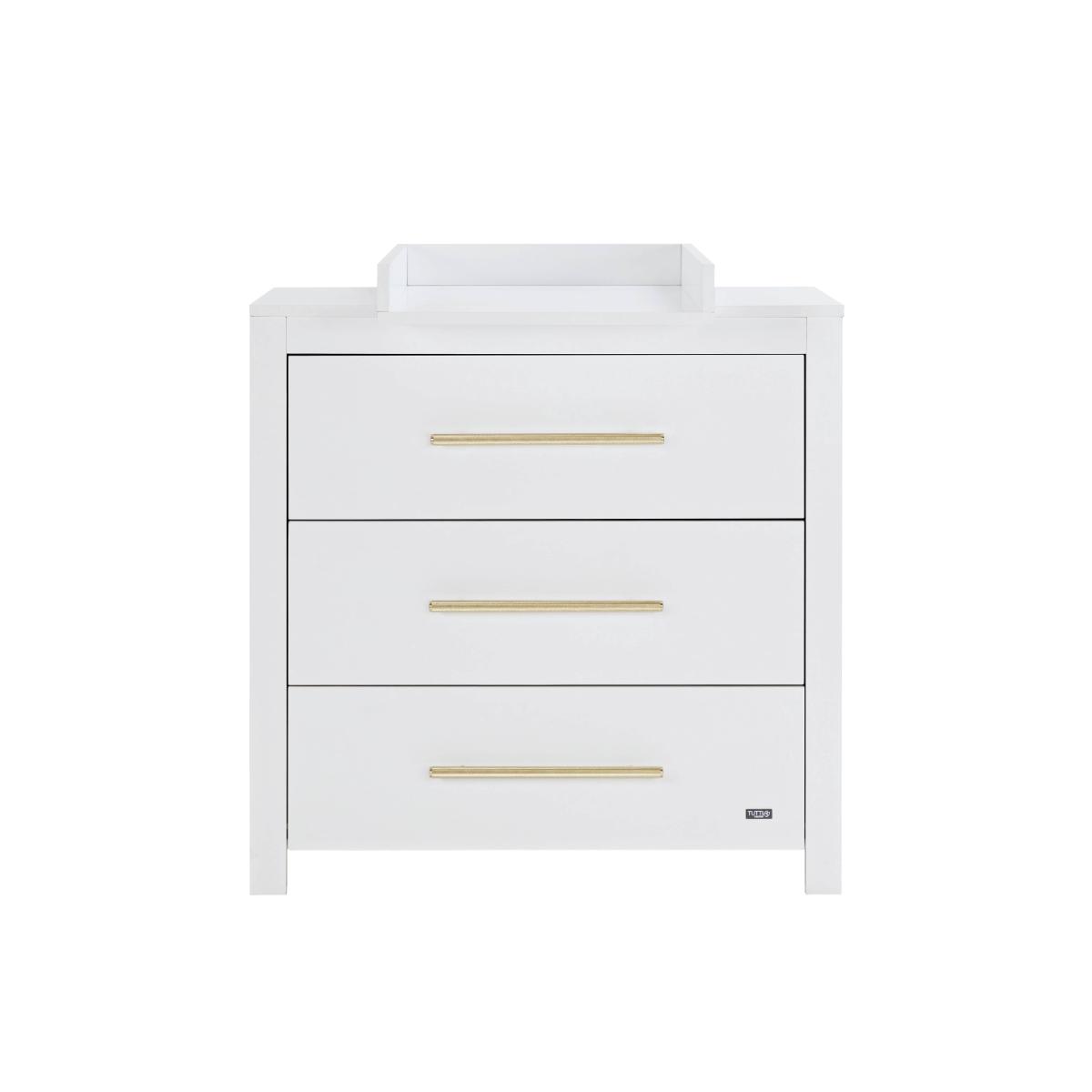 Front view of the Tivoli chest changer in white with three spacious drawers, slim profile and integrated changing top for everyday use