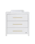 Front view of the Tivoli chest changer in white with three spacious drawers, slim profile and integrated changing top for everyday use