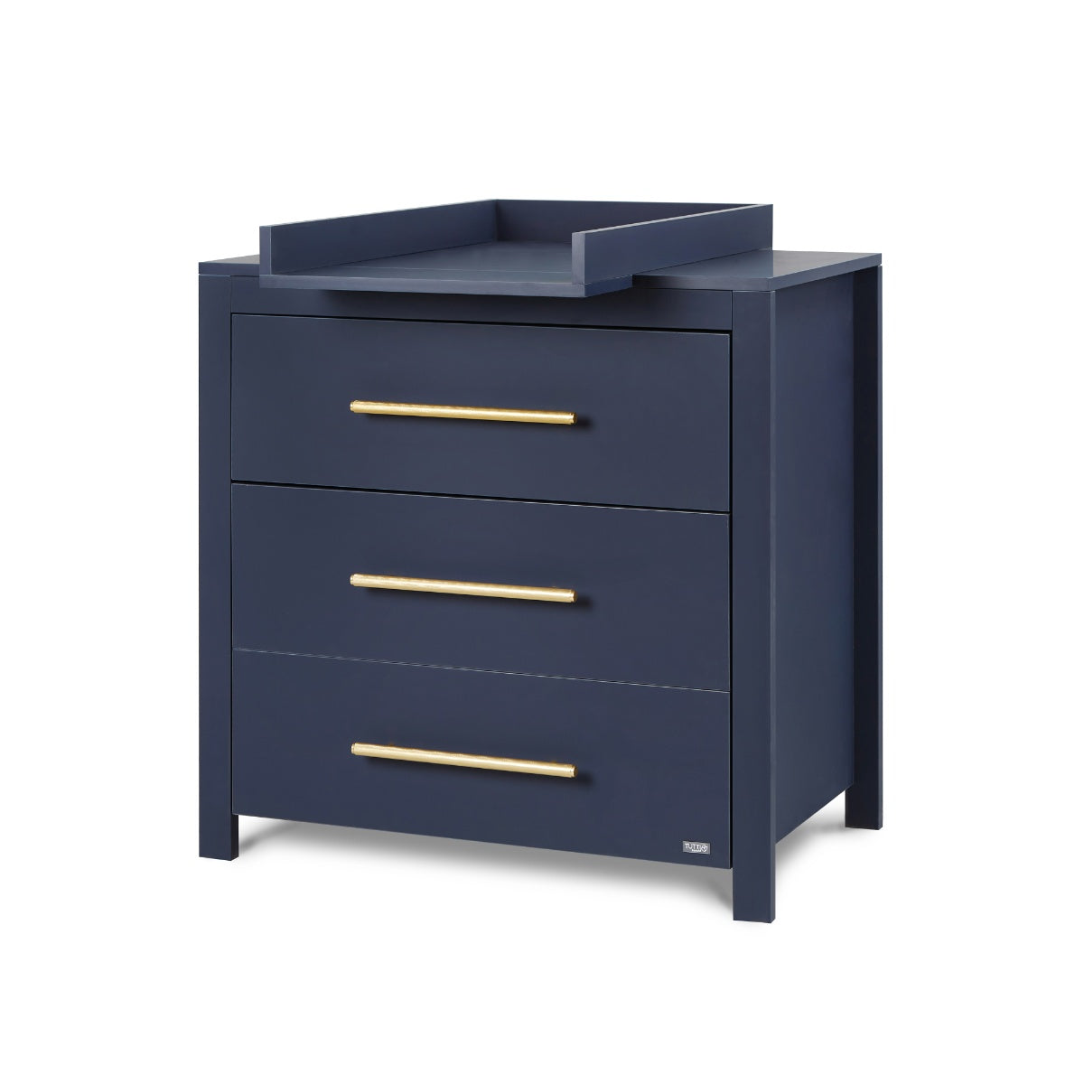 Angled view of the Tivoli chest changer in navy with three spacious drawers and a removable changing top for everyday practicality