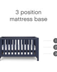 Cutout view of the Tivoli cot bed in navy, highlighting the three adjustable mattress base heights for comfort and safety as baby grows