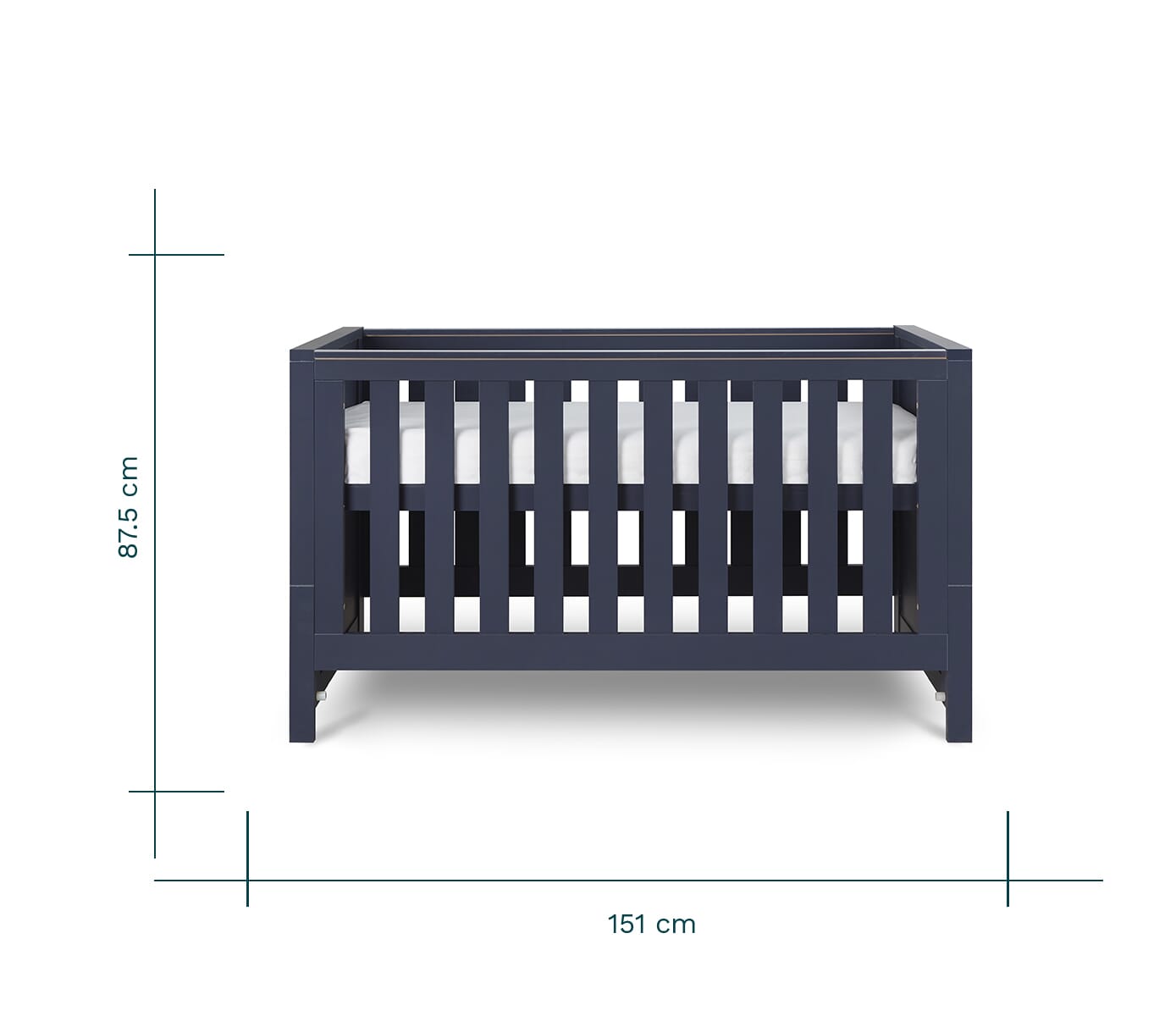 Front view of the Tivoli cot bed in navy with dimensions shown