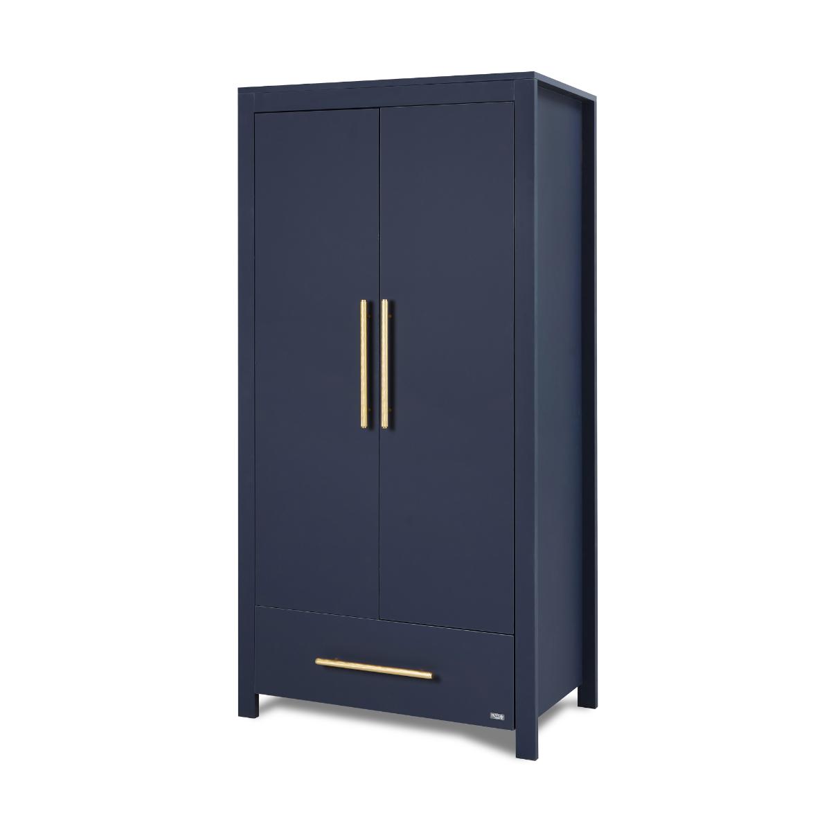 Angled view of the Tivoli wardrobe in navy, showcasing its modern silhouette, rich finish and practical storage layout