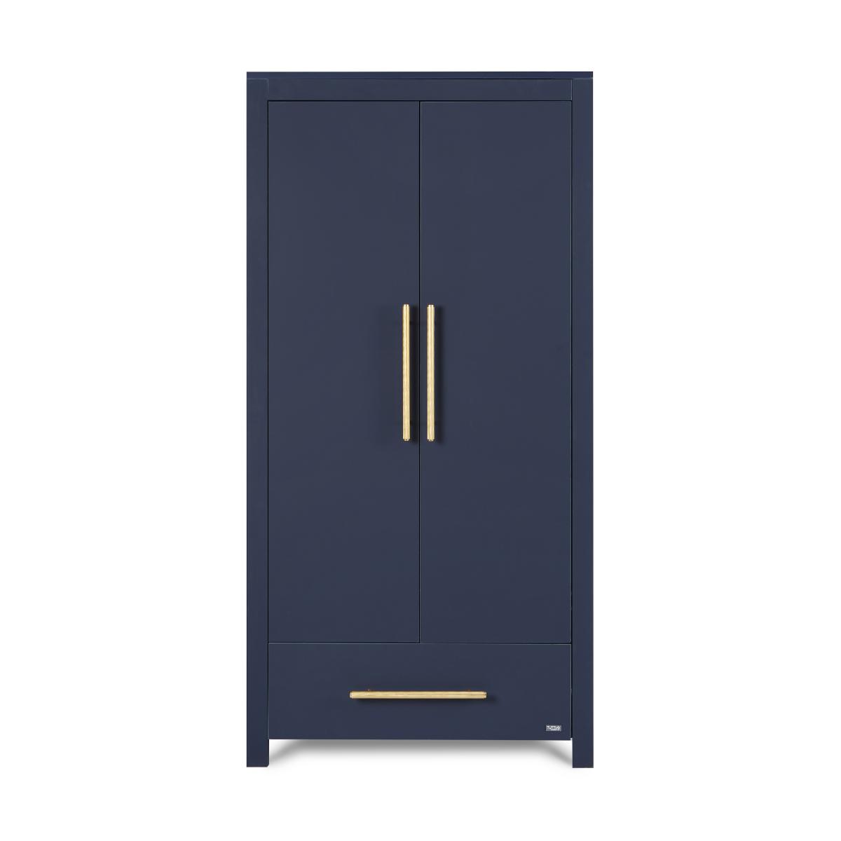 Front view of the Tivoli wardrobe in navy, with double doors, brushed brass handles and a deep drawer for organised storage