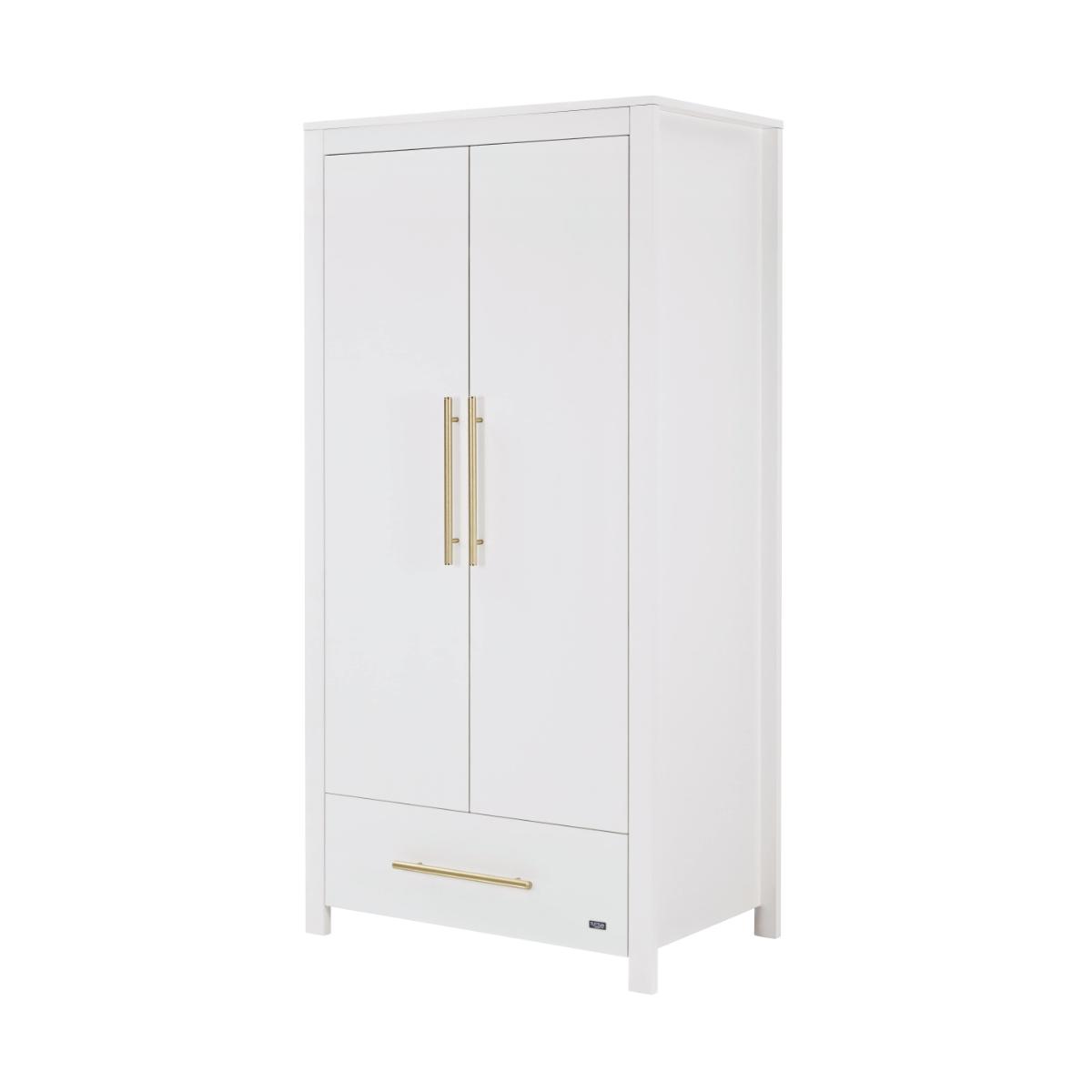 Angled front view of the Tivoli wardrobe in white, featuring double doors, brushed brass handles and a spacious lower drawer