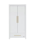 Front view of the Tivoli wardrobe in white, featuring double doors, a lower drawer and slim brass handles for calm, modern storage