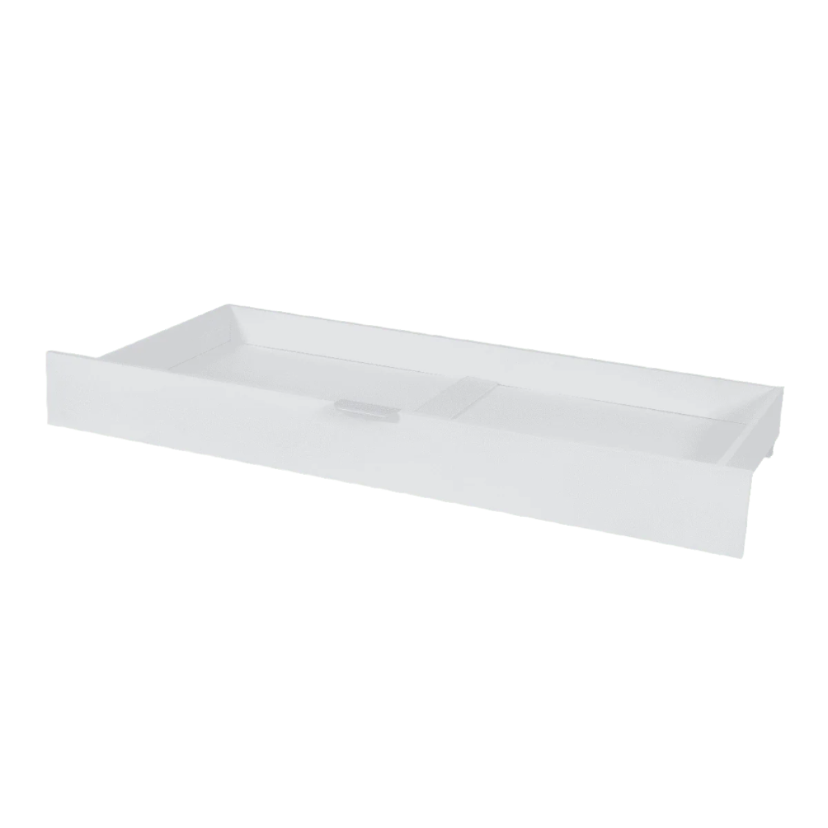 Angled view of the underbed storage drawer in white, showing clean lines, durable build and practical recessed handle detail