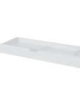 Angled view of the underbed storage drawer in white, showing clean lines, durable build and practical recessed handle detail
